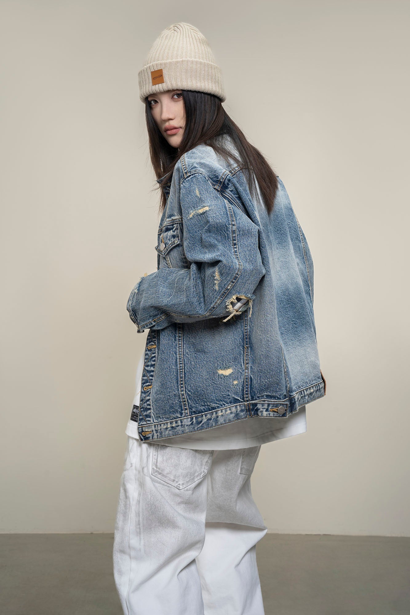 MAKEMORE Retro Distressed Ripped Denim Jacket-Jacket-S-Free Shipping Leatheretro