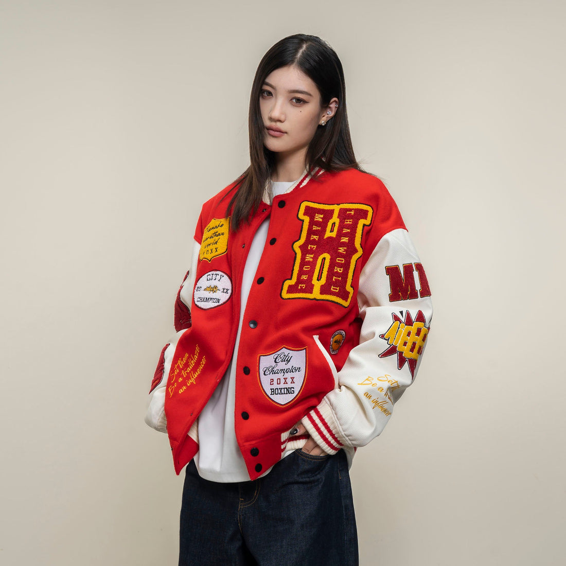 MAKEMORE Boxing Patch PU Sleeve Varsity Jacket-Jacket-M-Free Shipping Leatheretro