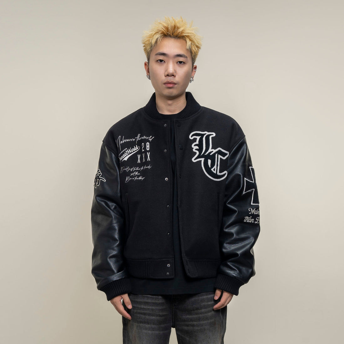 MAKEMORE Gothic Patch PU Sleeve Padded Varsity Jacket-Jacket-M-Free Shipping Leatheretro