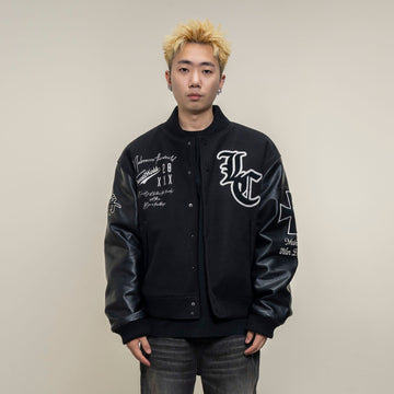 MAKEMORE Gothic Patch PU Sleeve Padded Varsity Jacket-Jacket-M-Free Shipping Leatheretro