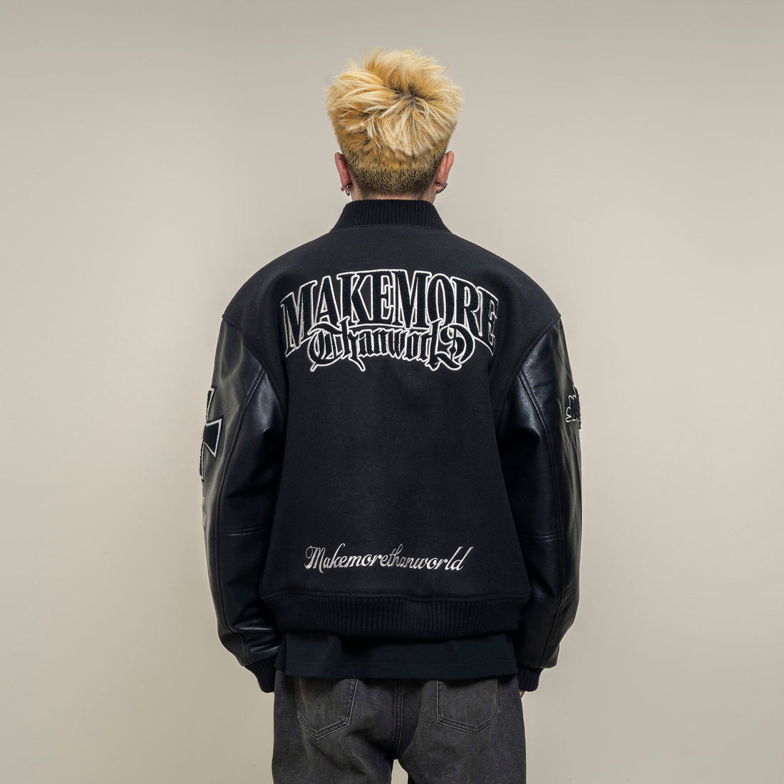 MAKEMORE Gothic Patch PU Sleeve Padded Varsity Jacket-Jacket-M-Free Shipping Leatheretro