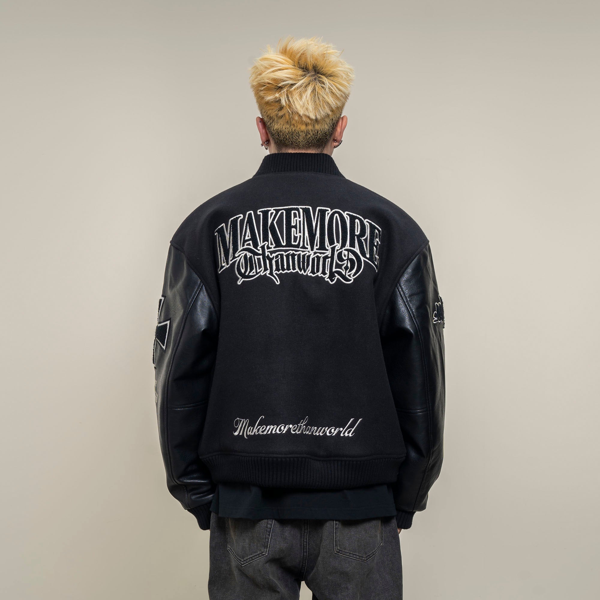 MAKEMORE Gothic Patch PU Sleeve Padded Varsity Jacket-Jacket-M-Free Shipping Leatheretro