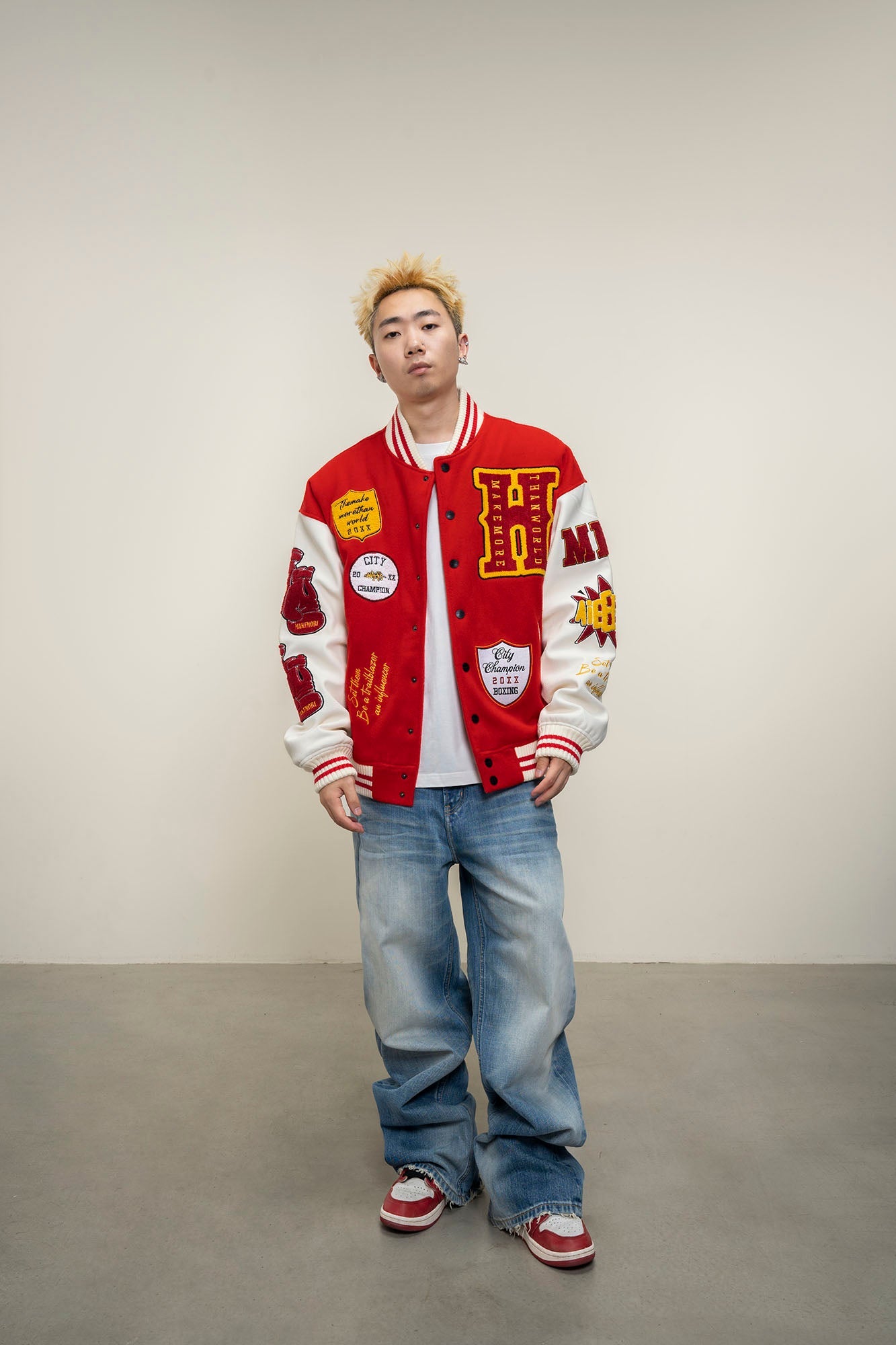 MAKEMORE Boxing Patch PU Sleeve Varsity Jacket-Jacket-M-Free Shipping Leatheretro