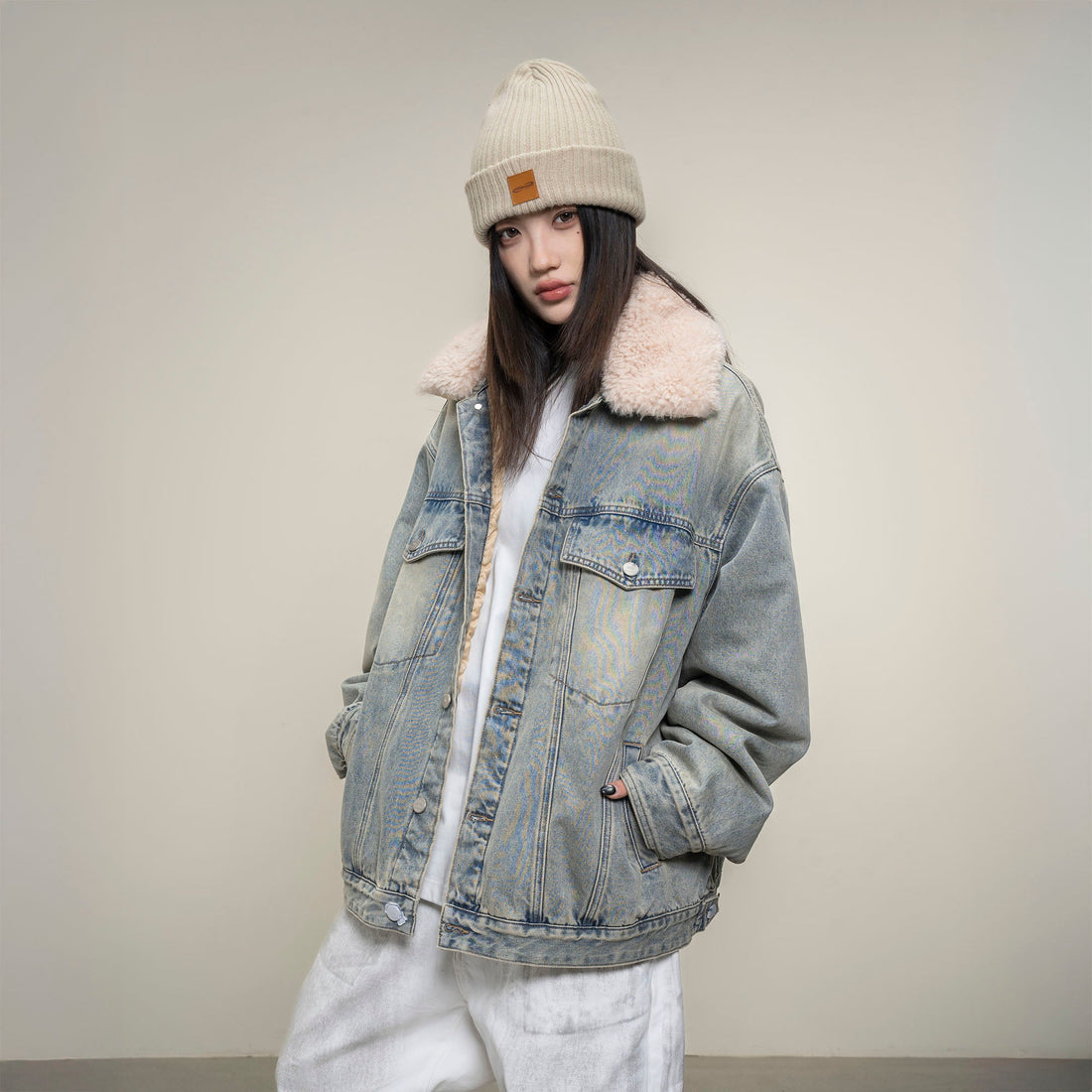 MAKEMORE Detachable Sherpa Collar Distressed Denim Jacket-Jacket-S-Free Shipping Leatheretro