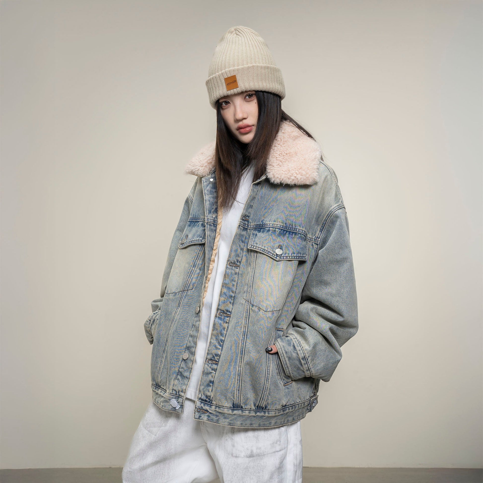 MAKEMORE Detachable Sherpa Collar Distressed Denim Jacket-Jacket-S-Free Shipping Leatheretro