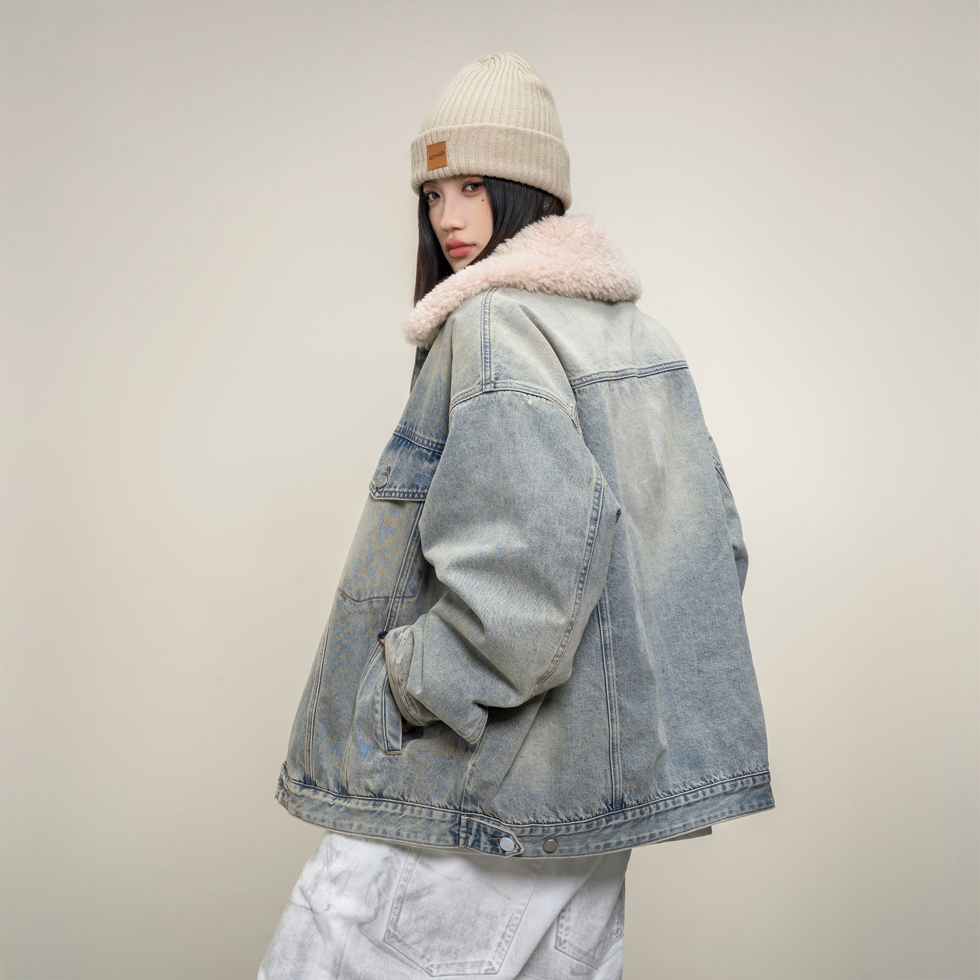 MAKEMORE Detachable Sherpa Collar Distressed Denim Jacket-Jacket-S-Free Shipping Leatheretro