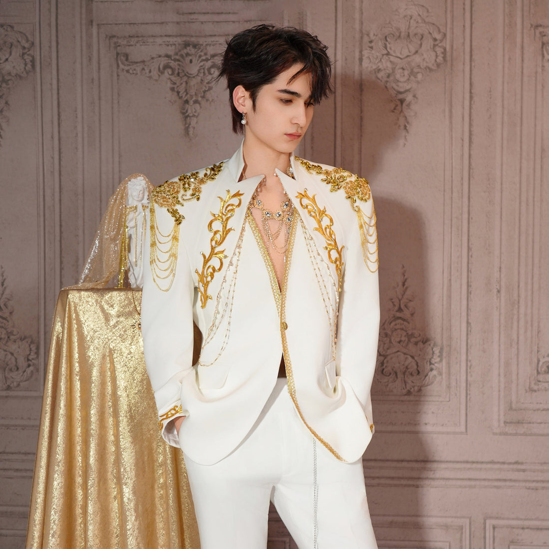 SHANG JIE Baroque Embroidered Chain-Draped Blazer-Jacket-M-Free Shipping Leatheretro