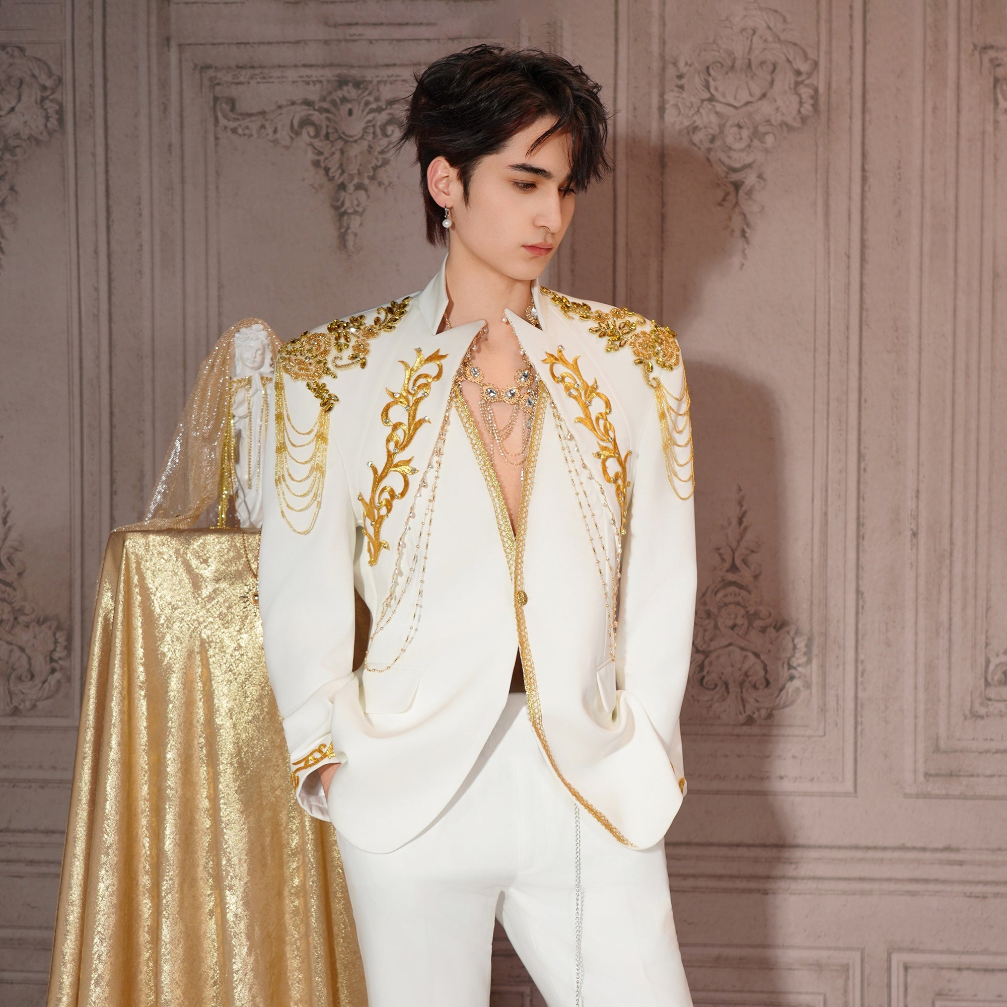 SHANG JIE Baroque Embroidered Chain-Draped Blazer-Jacket-M-Free Shipping Leatheretro