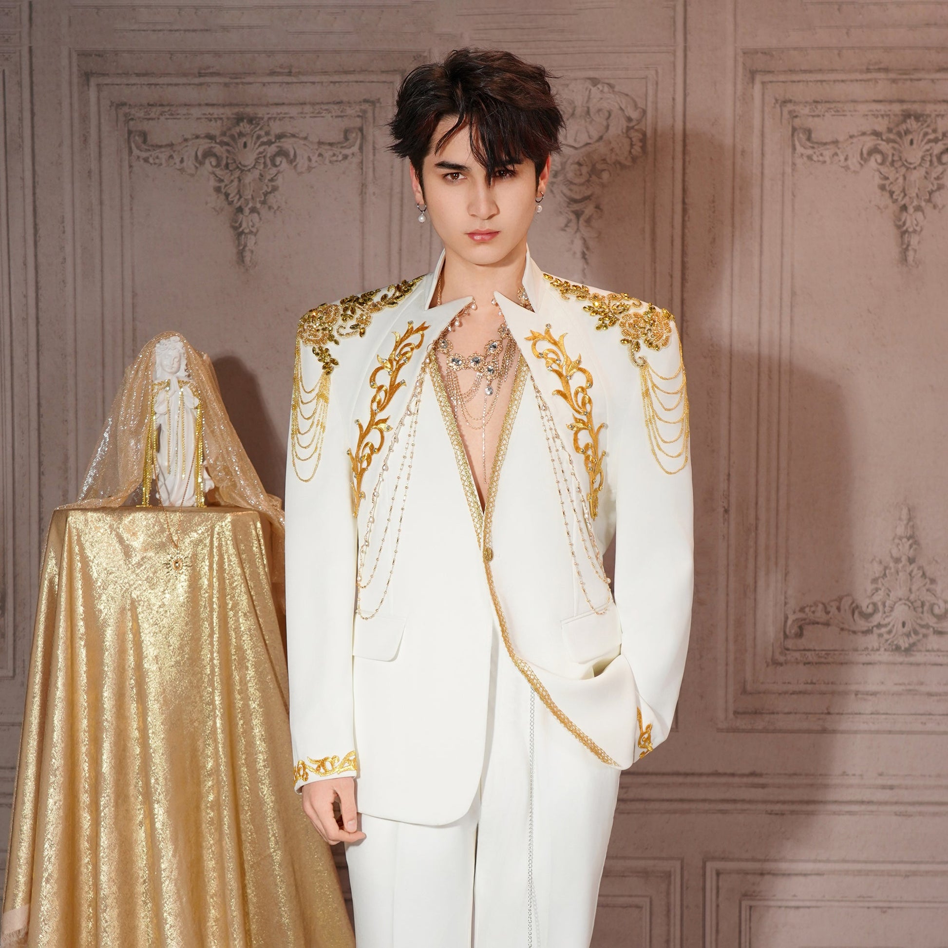 SHANG JIE Baroque Embroidered Chain-Draped Blazer-Jacket-M-Free Shipping Leatheretro