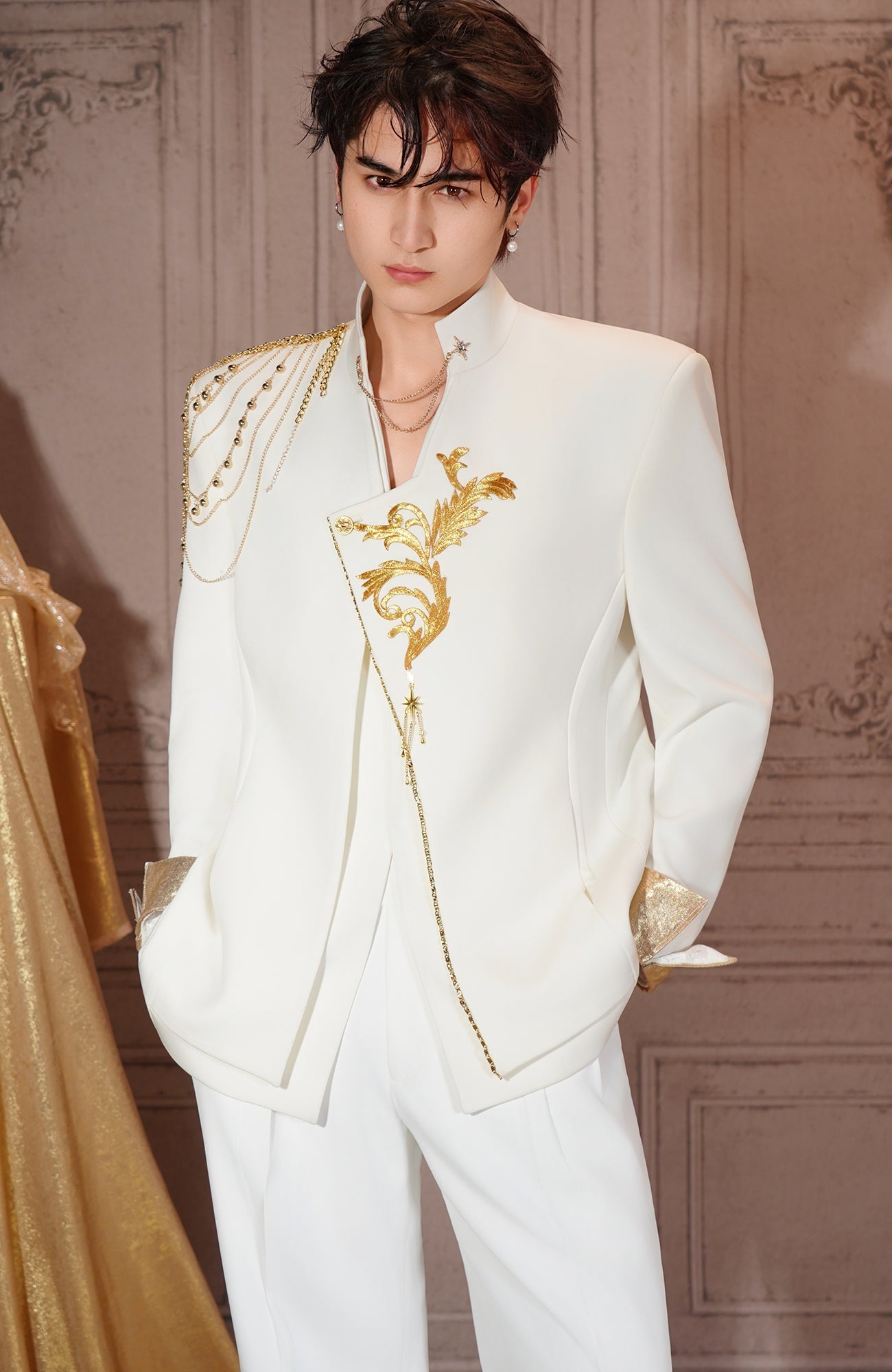 SHANG JIE Asymmetrical Placket Chain-Draped Embroidered Blazer-Jacket-M-Free Shipping Leatheretro