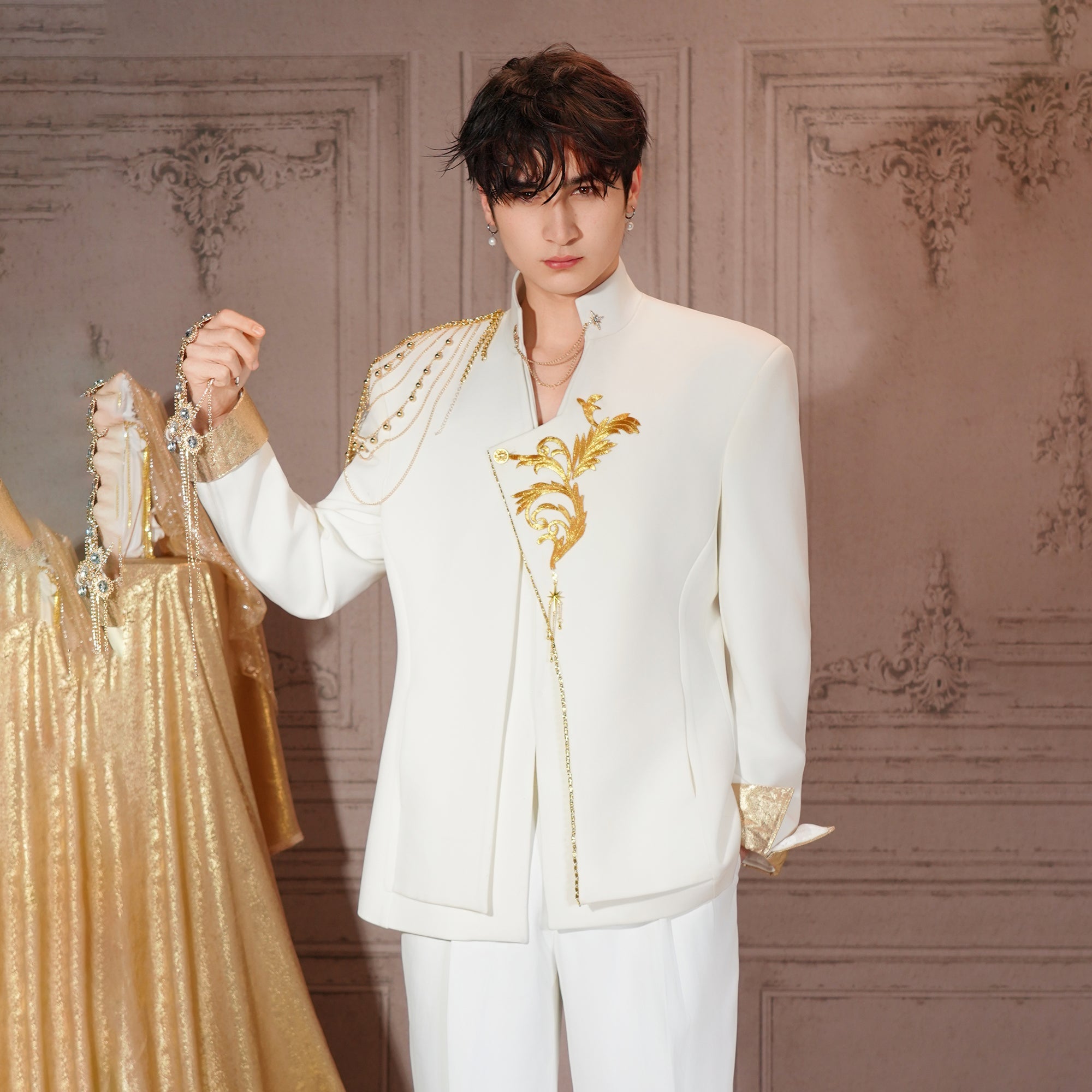 SHANG JIE Asymmetrical Placket Chain-Draped Embroidered Blazer-Jacket-M-Free Shipping Leatheretro
