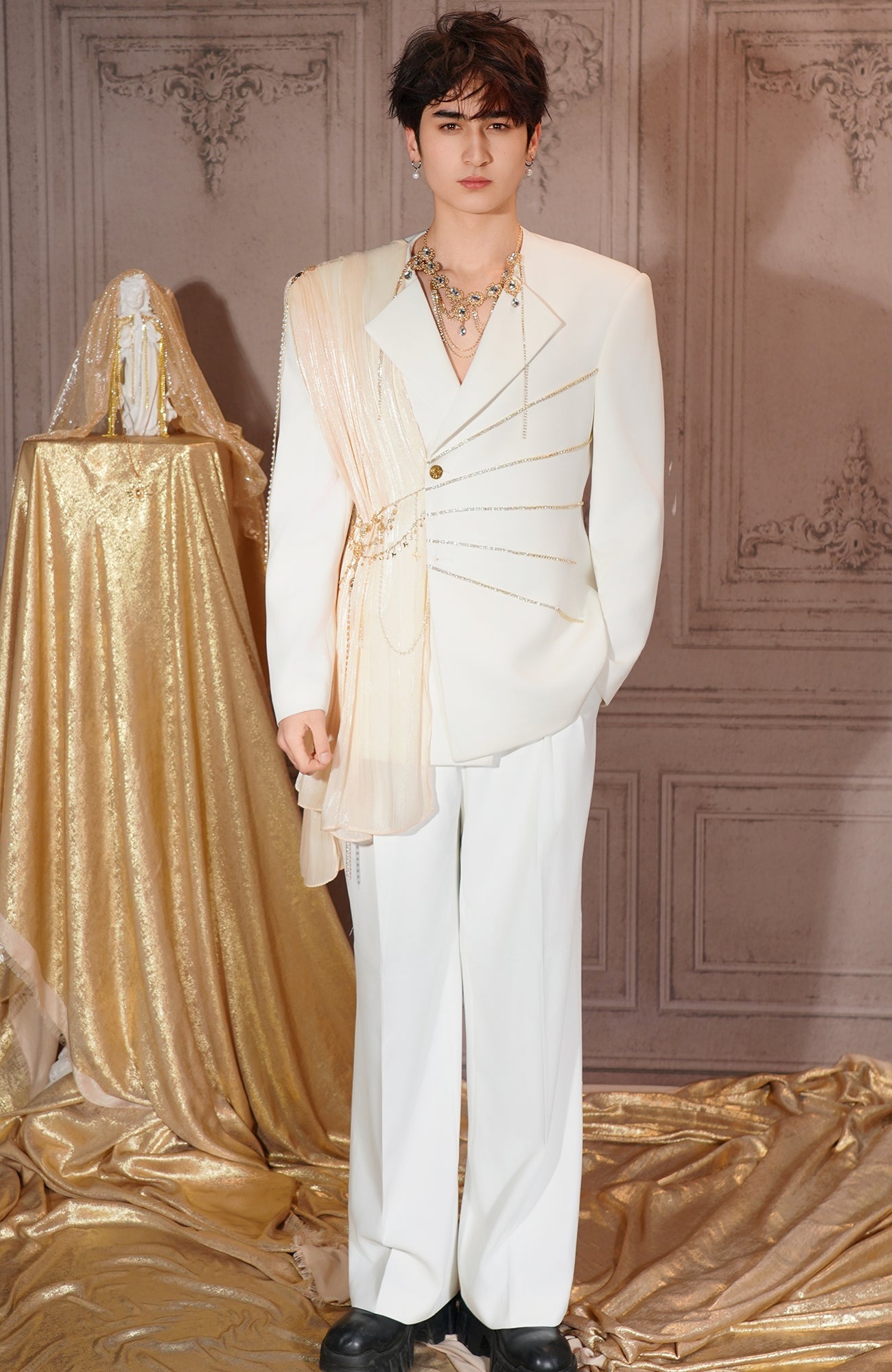 SHANG JIE Chain-Draped Sheer Panel Blazer-Jacket-M (Preorder)-Free Shipping Leatheretro