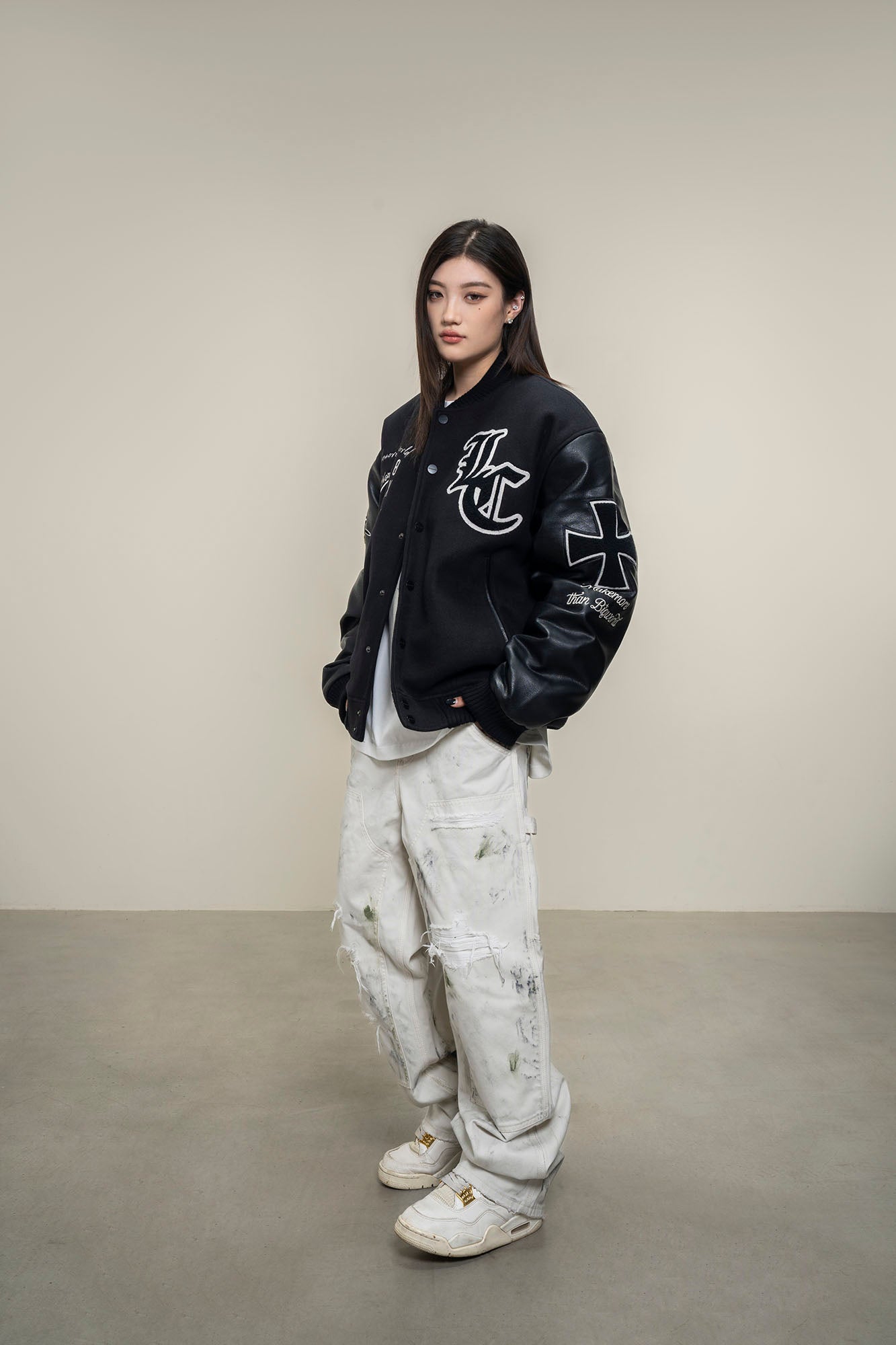 MAKEMORE Gothic Patch PU Sleeve Padded Varsity Jacket-Jacket-M-Free Shipping Leatheretro