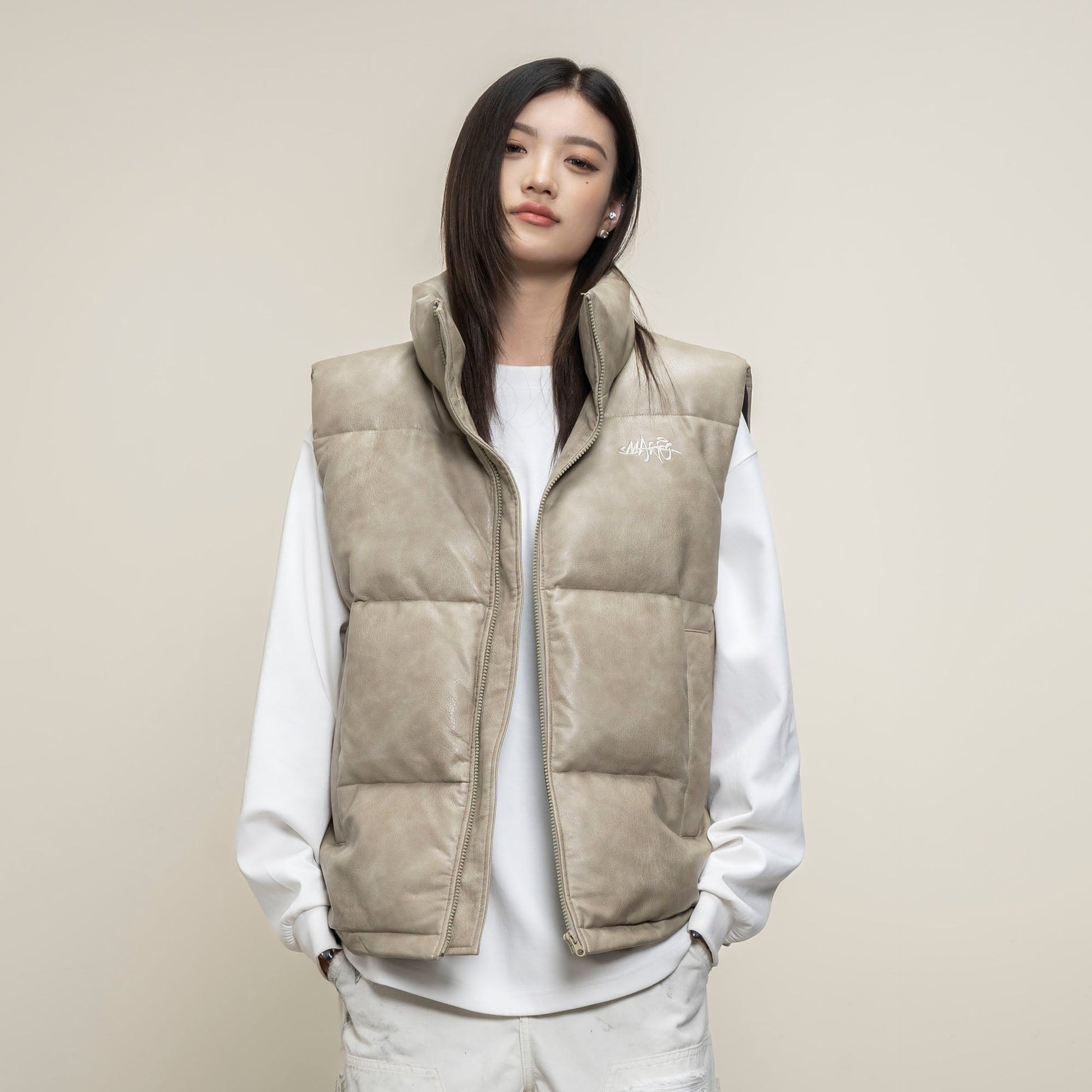 MAKEMORE PU Embossed LOGO Puffer Vest-Vest-M-Light Gray-Free Shipping Leatheretro