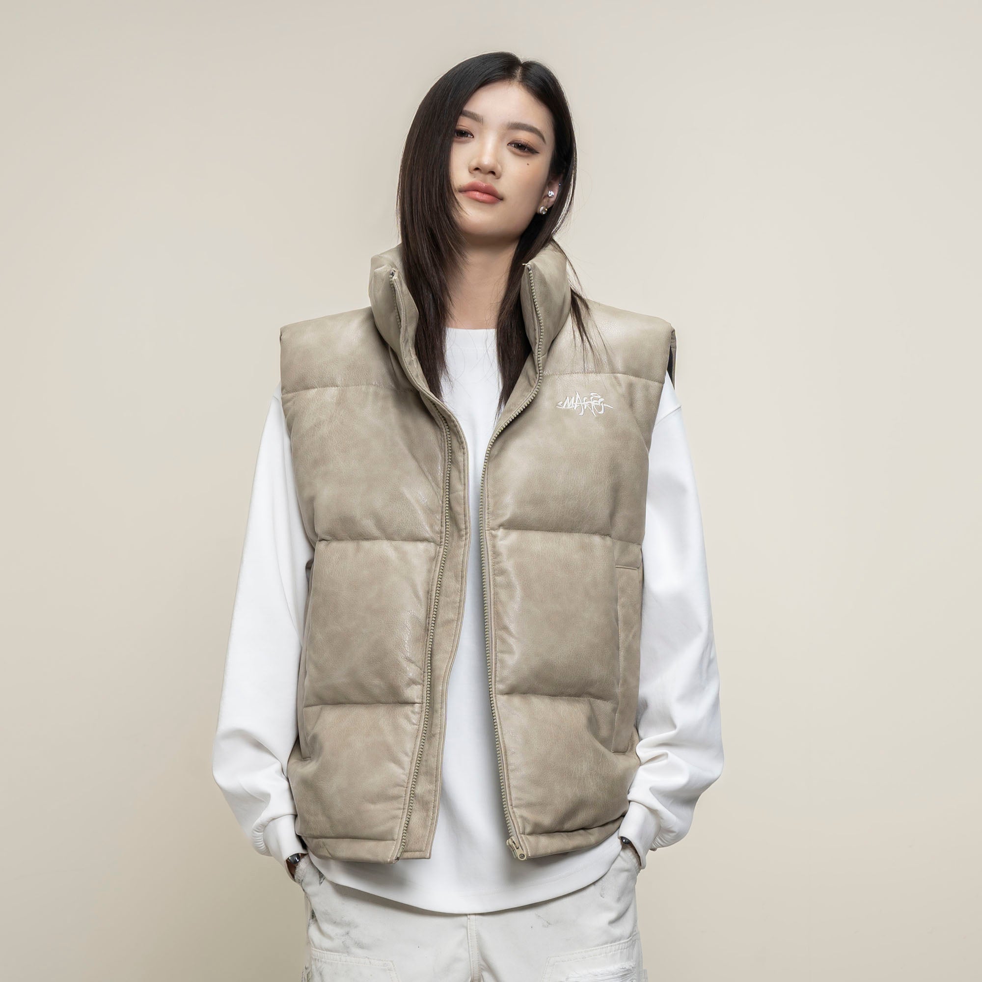 MAKEMORE PU Embossed LOGO Puffer Vest-Vest-M-Light Gray-Free Shipping Leatheretro