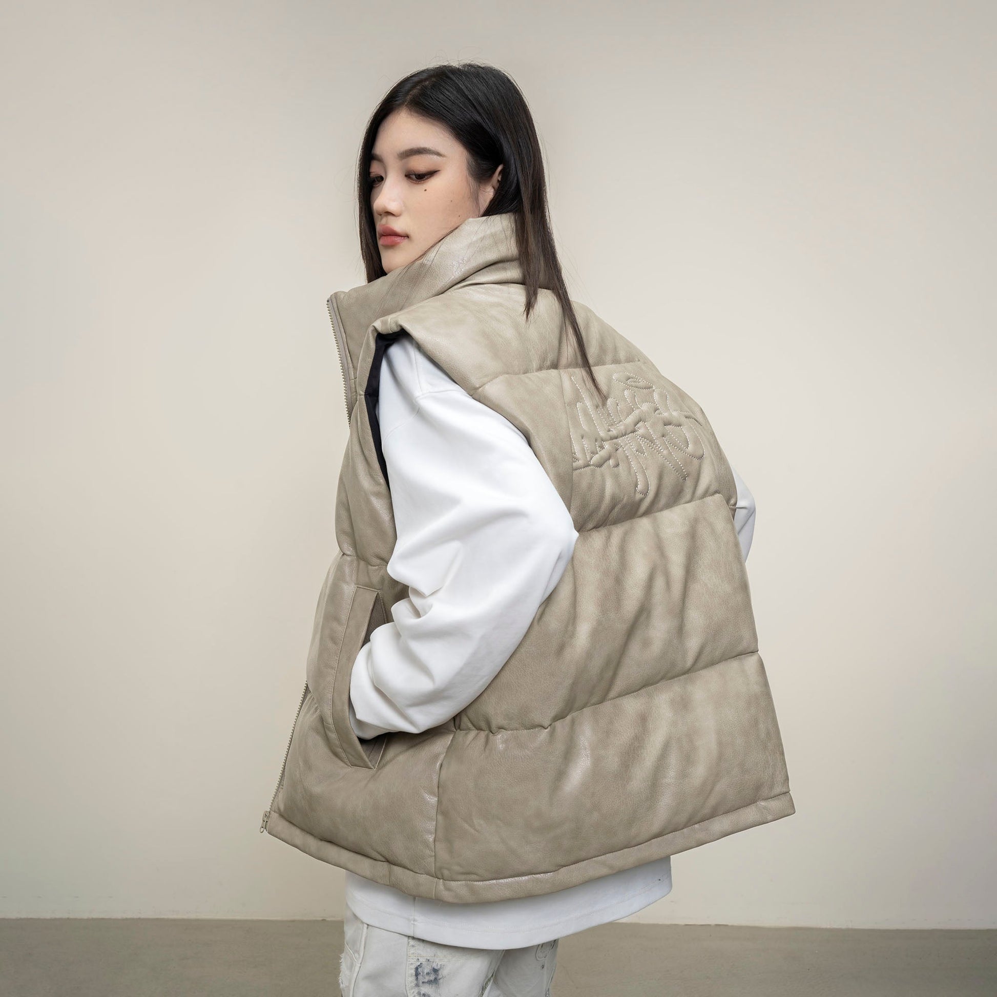 MAKEMORE PU Embossed LOGO Puffer Vest-Vest-M-Black-Free Shipping Leatheretro