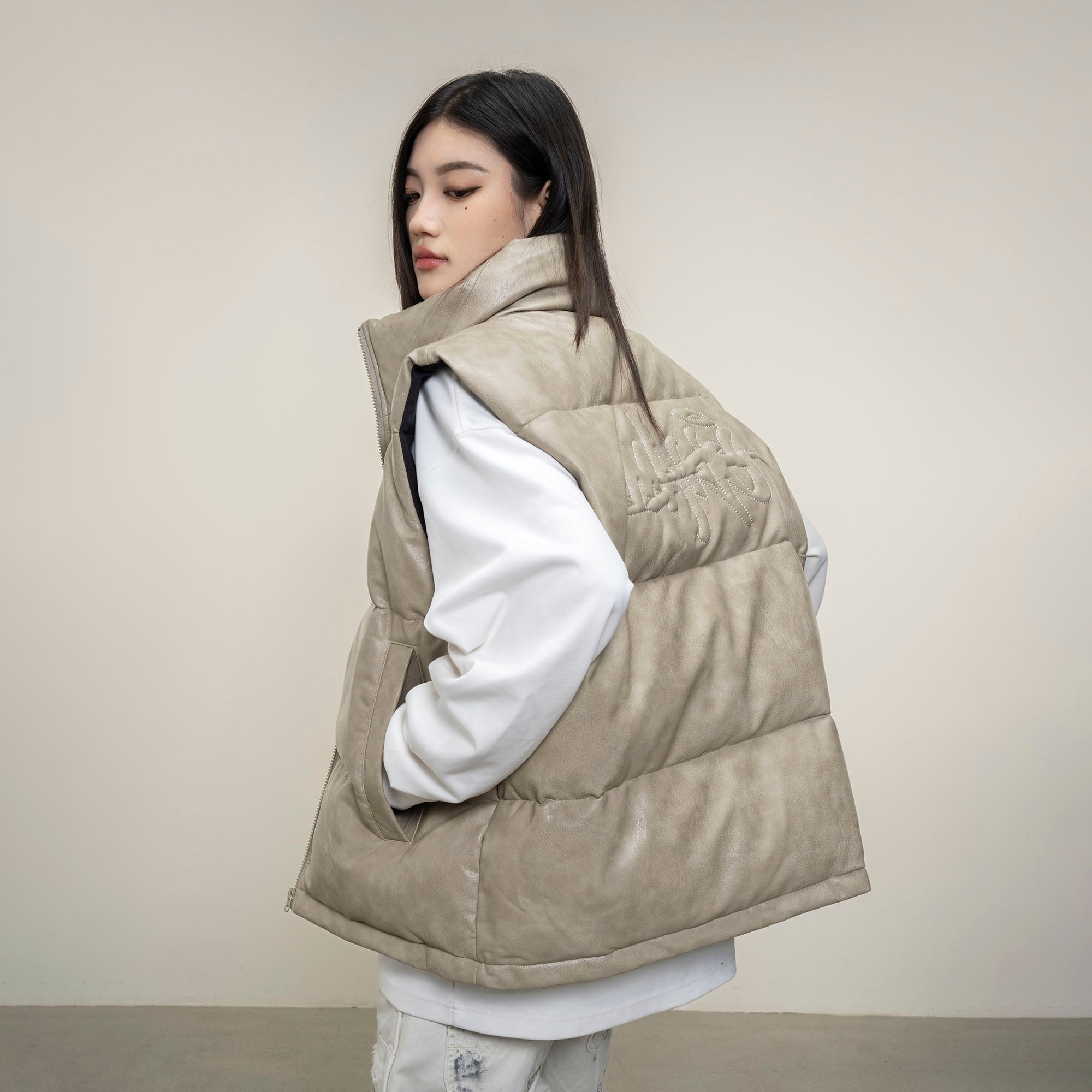 MAKEMORE PU Embossed LOGO Puffer Vest-Vest-M-Black-Free Shipping Leatheretro