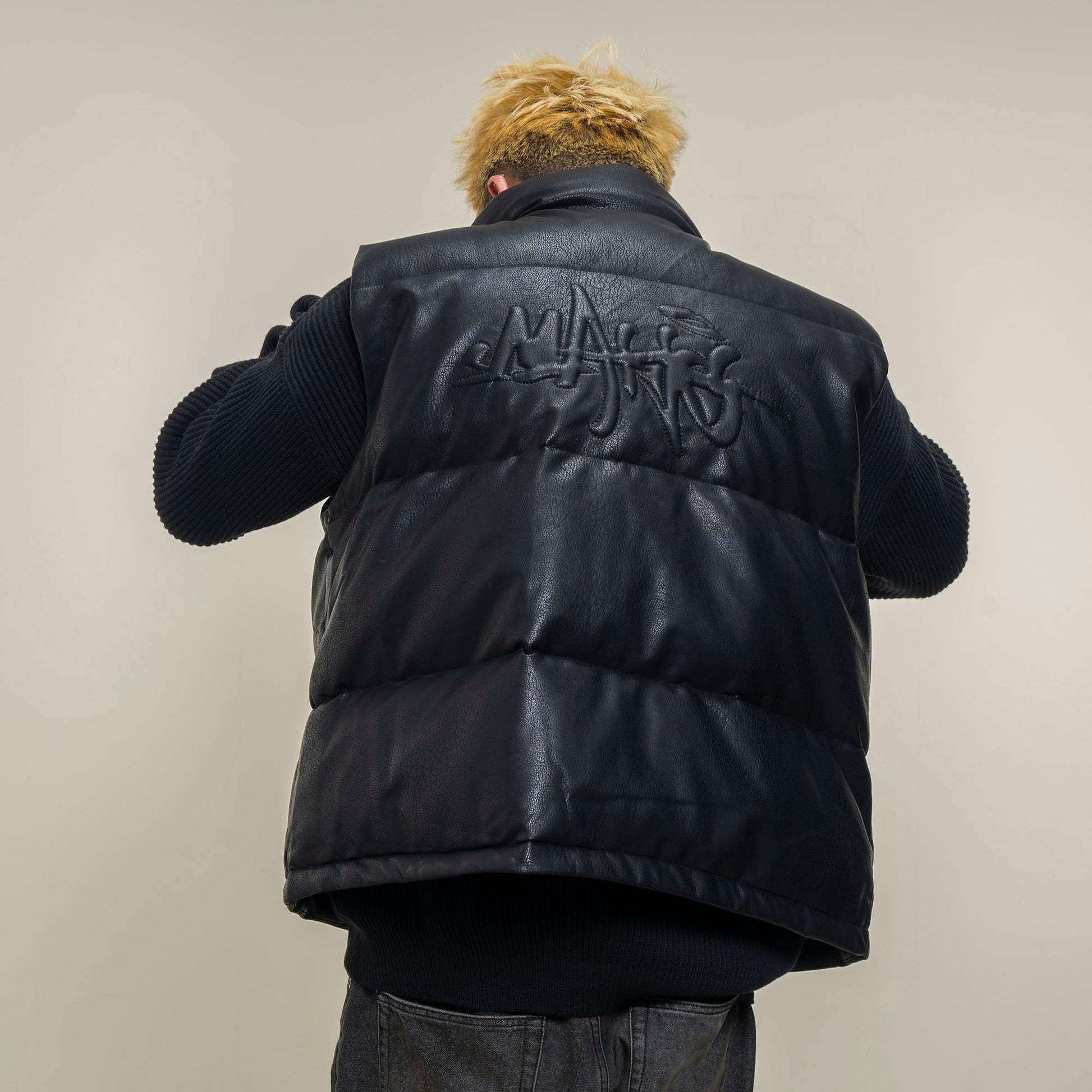 MAKEMORE PU Embossed LOGO Puffer Vest-Vest-M-Black-Free Shipping Leatheretro