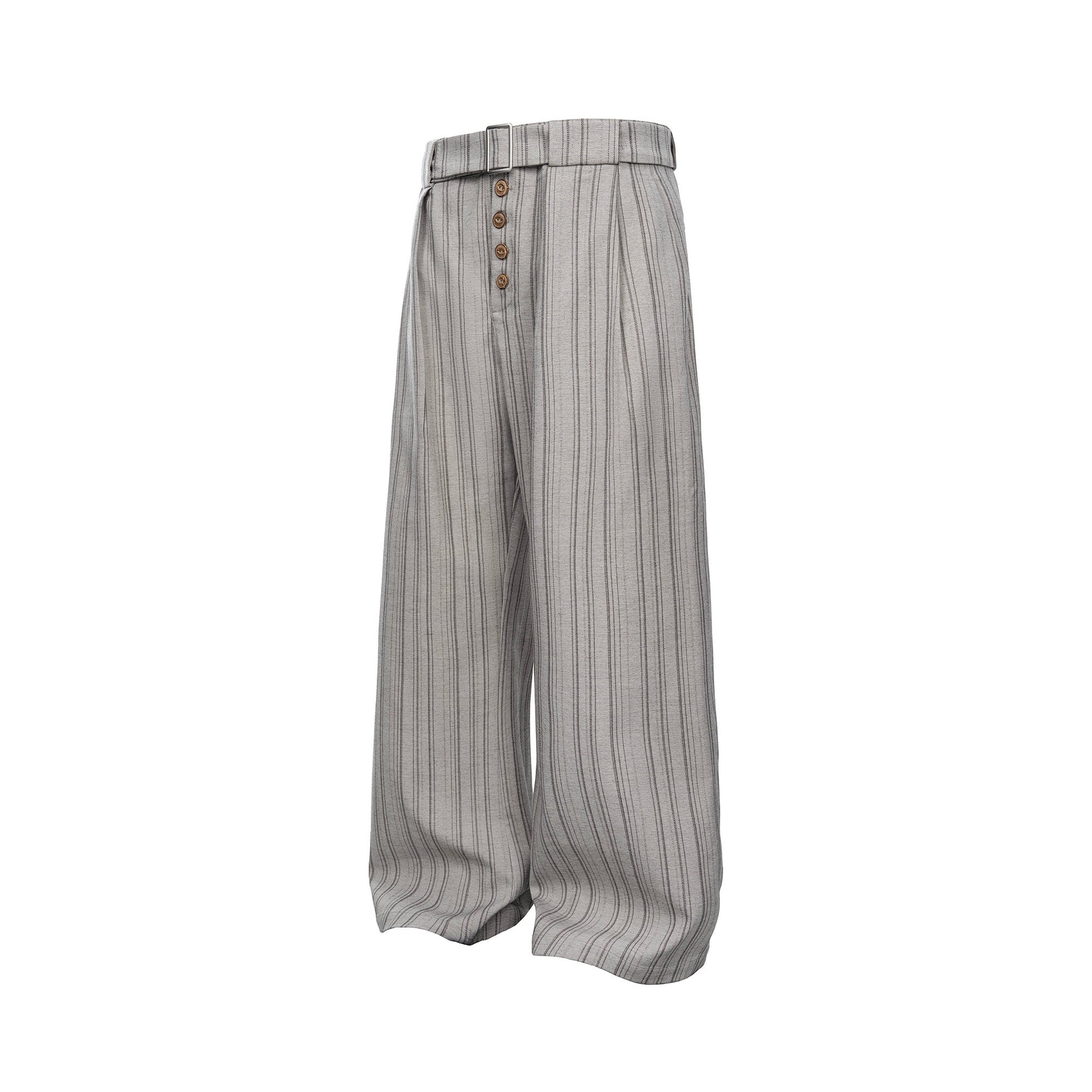 CATSSTAC Button-Closure Striped Double-Pleat Trousers-Pants-M-Khaki-Free Shipping Leatheretro