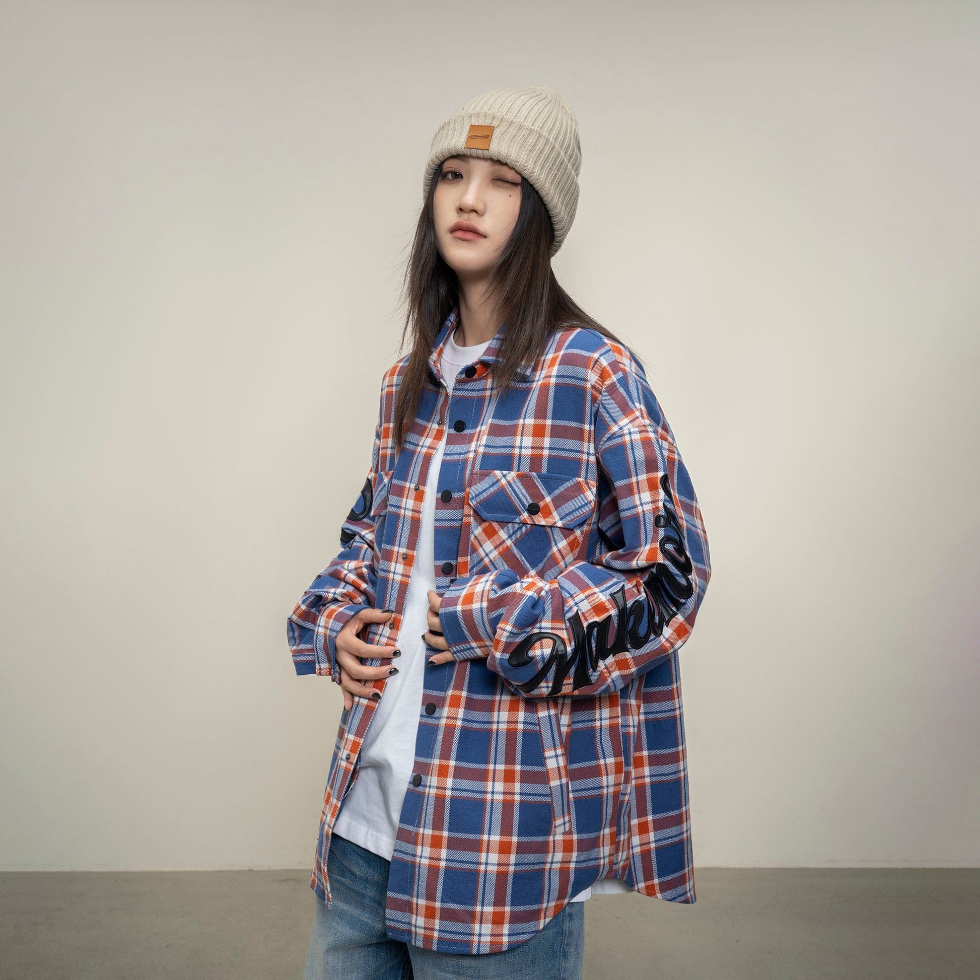 MAKEMORE Flap Pocket Plaid LOGO Patch Shirt-Shirt-S-Free Shipping Leatheretro