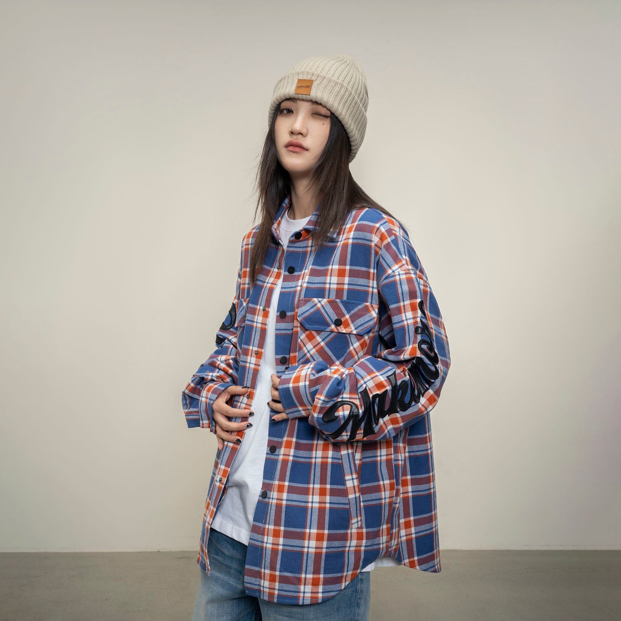 MAKEMORE Flap Pocket Plaid LOGO Patch Shirt-Shirt-S-Free Shipping Leatheretro