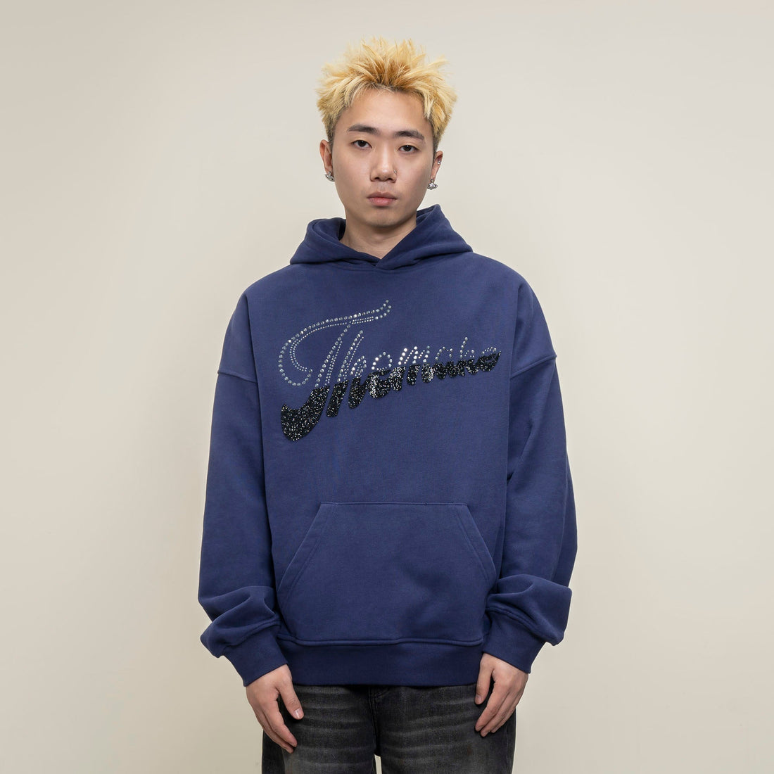 MAKEMORE Rhinestone Contrast LOGO Fleece Hoodie-Hoodie-S-Free Shipping Leatheretro