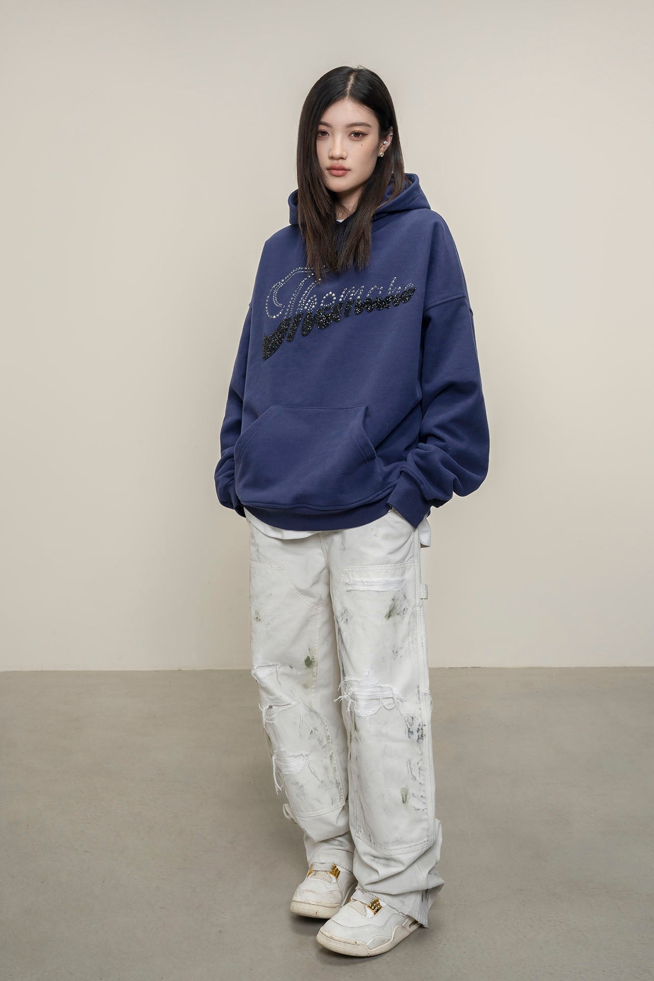 MAKEMORE Rhinestone Contrast LOGO Fleece Hoodie-Hoodie-S-Free Shipping Leatheretro