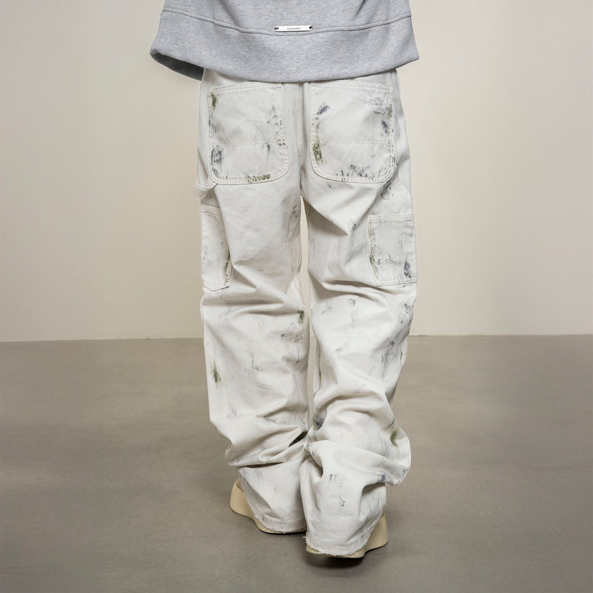 MAKEMORE Distressed Paint-Splattered Double-Knee Jeans White-Jeans-S-Free Shipping Leatheretro