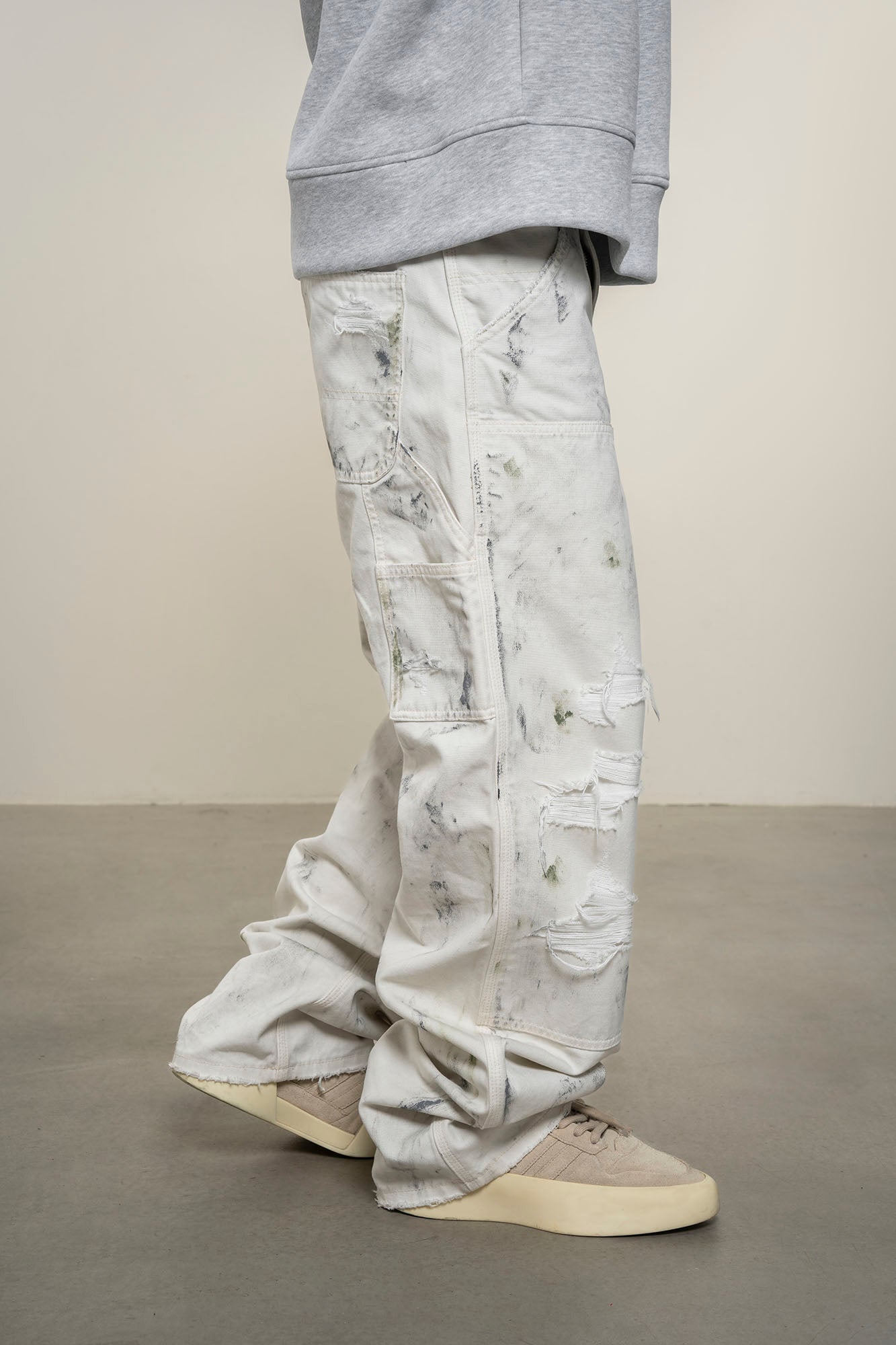 MAKEMORE Distressed Paint-Splattered Double-Knee Jeans White-Jeans-S-Free Shipping Leatheretro