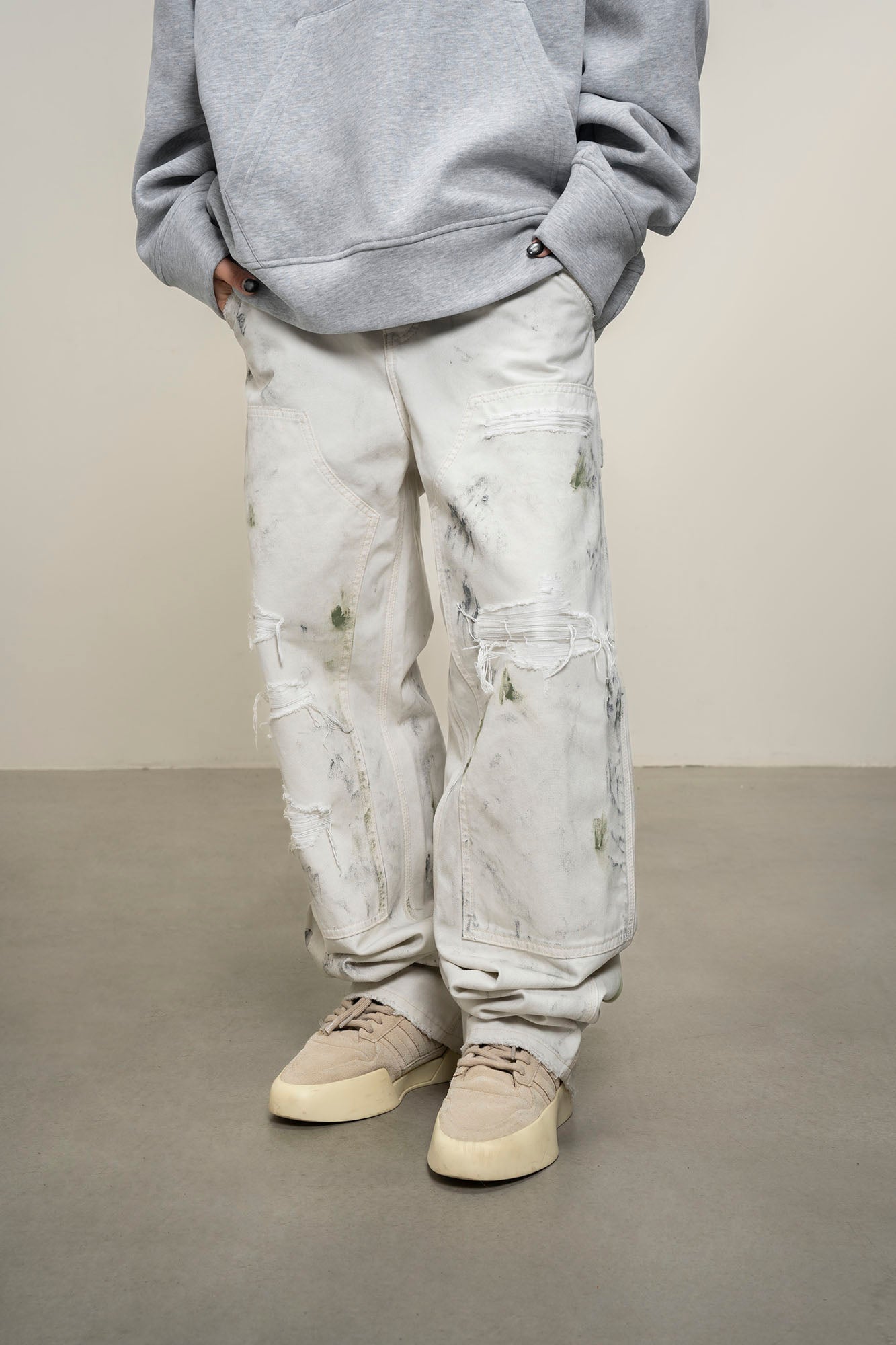 MAKEMORE Distressed Paint-Splattered Double-Knee Jeans White-Jeans-S-Free Shipping Leatheretro