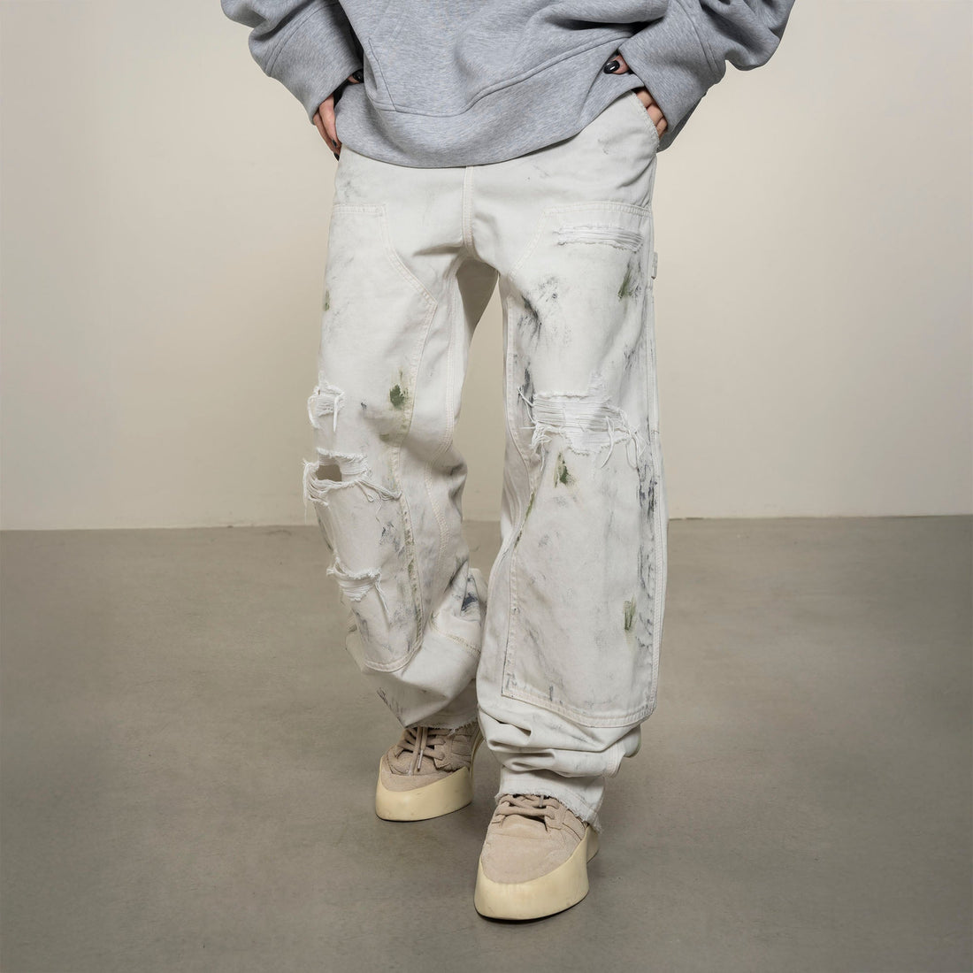 MAKEMORE Distressed Paint-Splattered Double-Knee Jeans White-Jeans-S-Free Shipping Leatheretro
