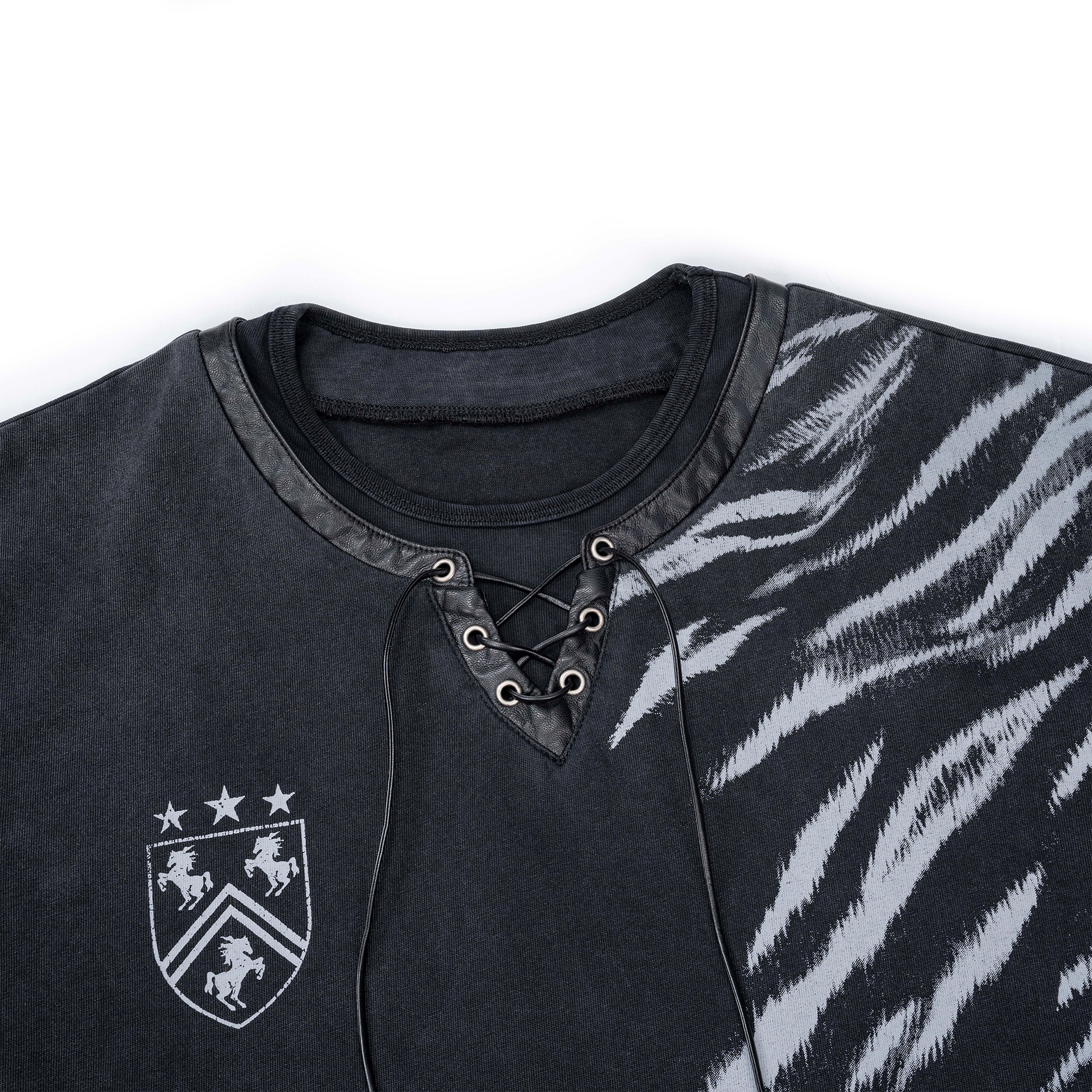 ESAIAS Washed Zebra Lace-Up Tee-T Shirt-S-Free Shipping Leatheretro
