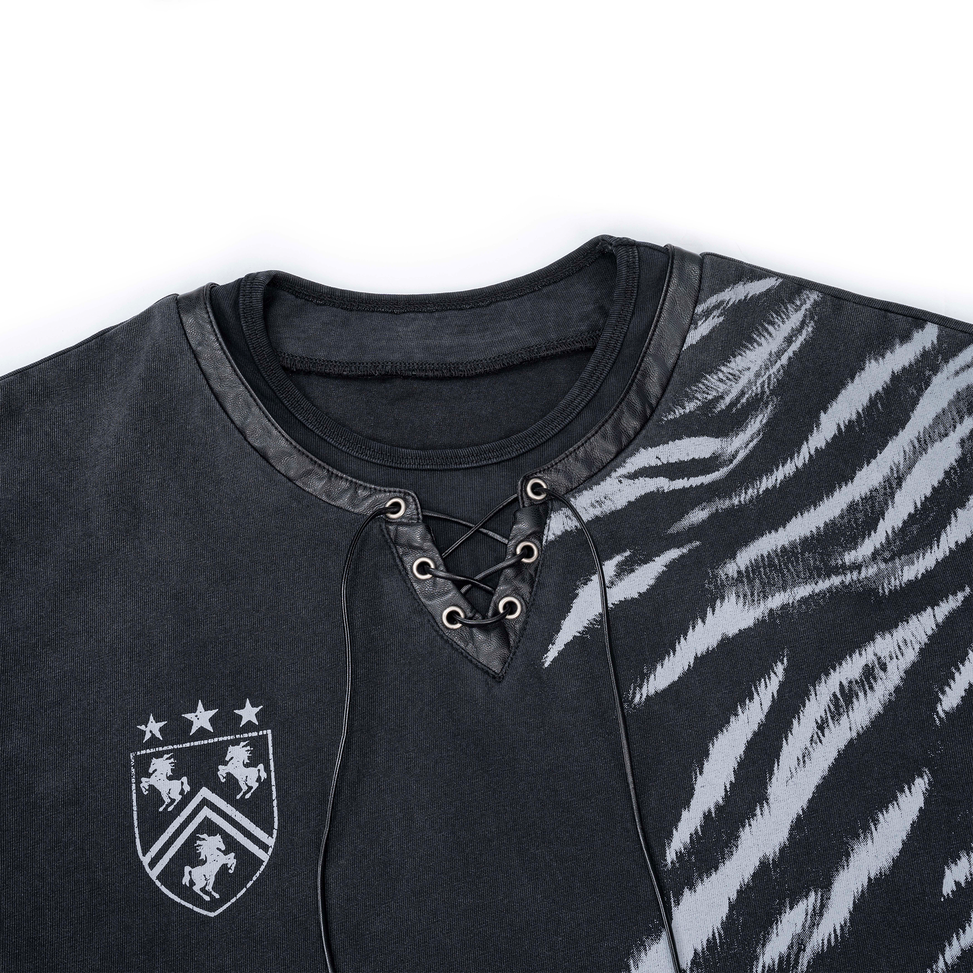 ESAIAS Washed Zebra Lace-Up Tee-T Shirt-S-Free Shipping Leatheretro
