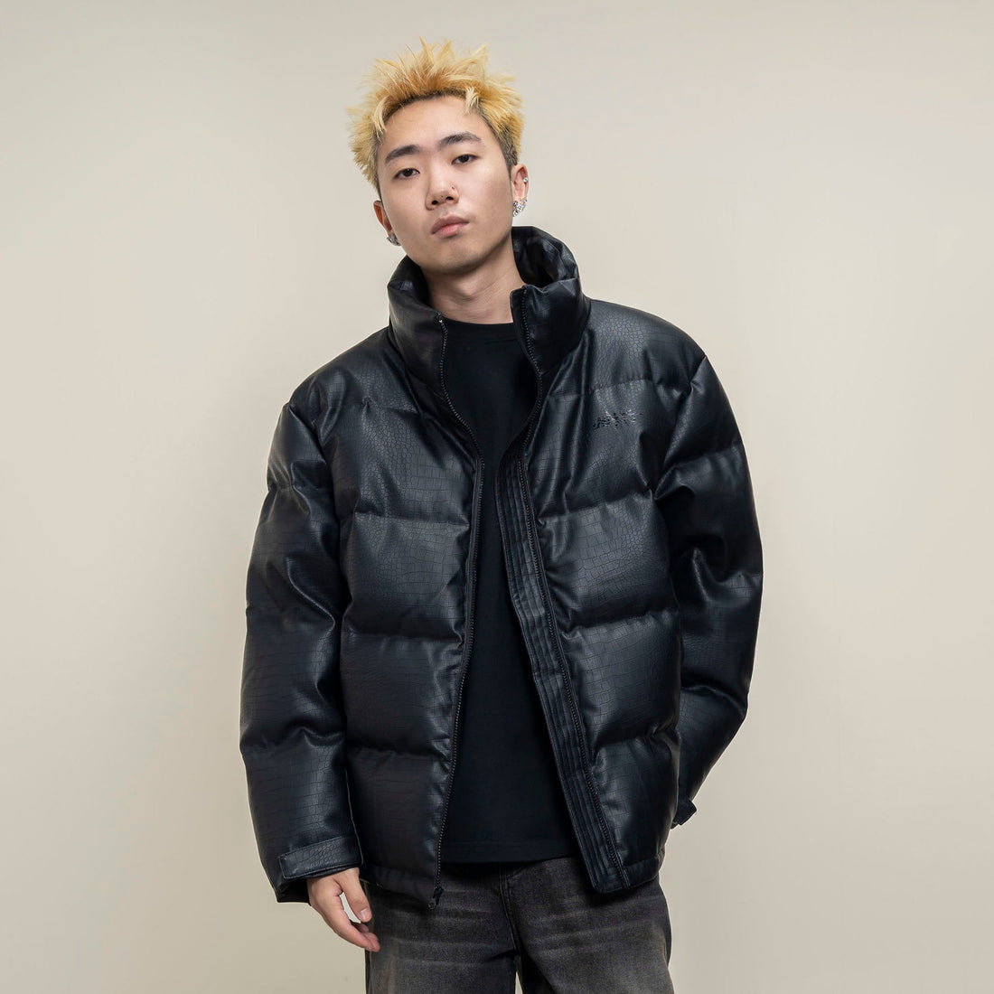 MAKEMORE Croc Embossed PU Down Puffer Jacket-Jacket-M-Free Shipping Leatheretro