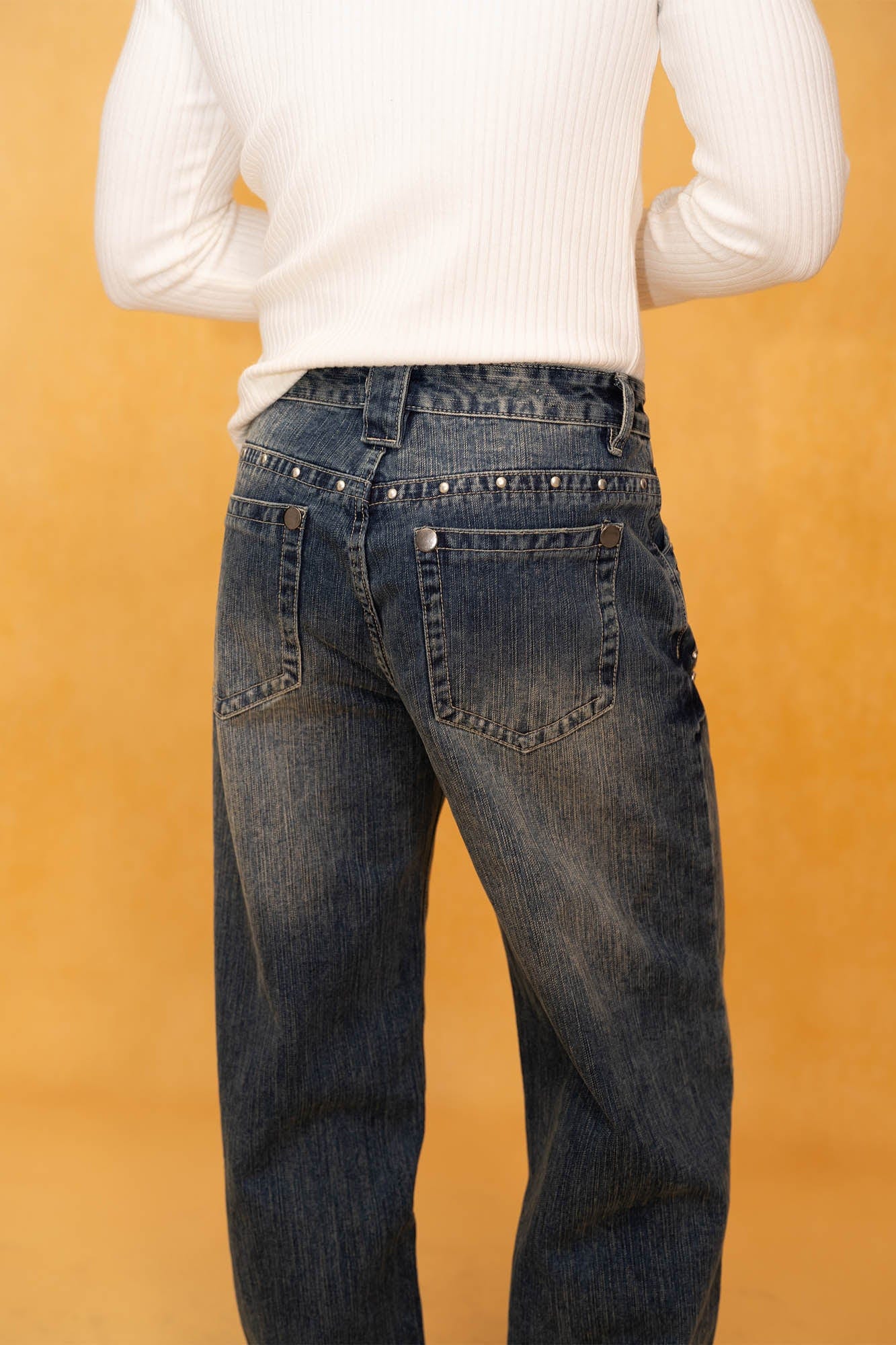 CLP Retro Waist Rivet Straight-Leg Jeans-Jeans-S-Free Shipping Leatheretro