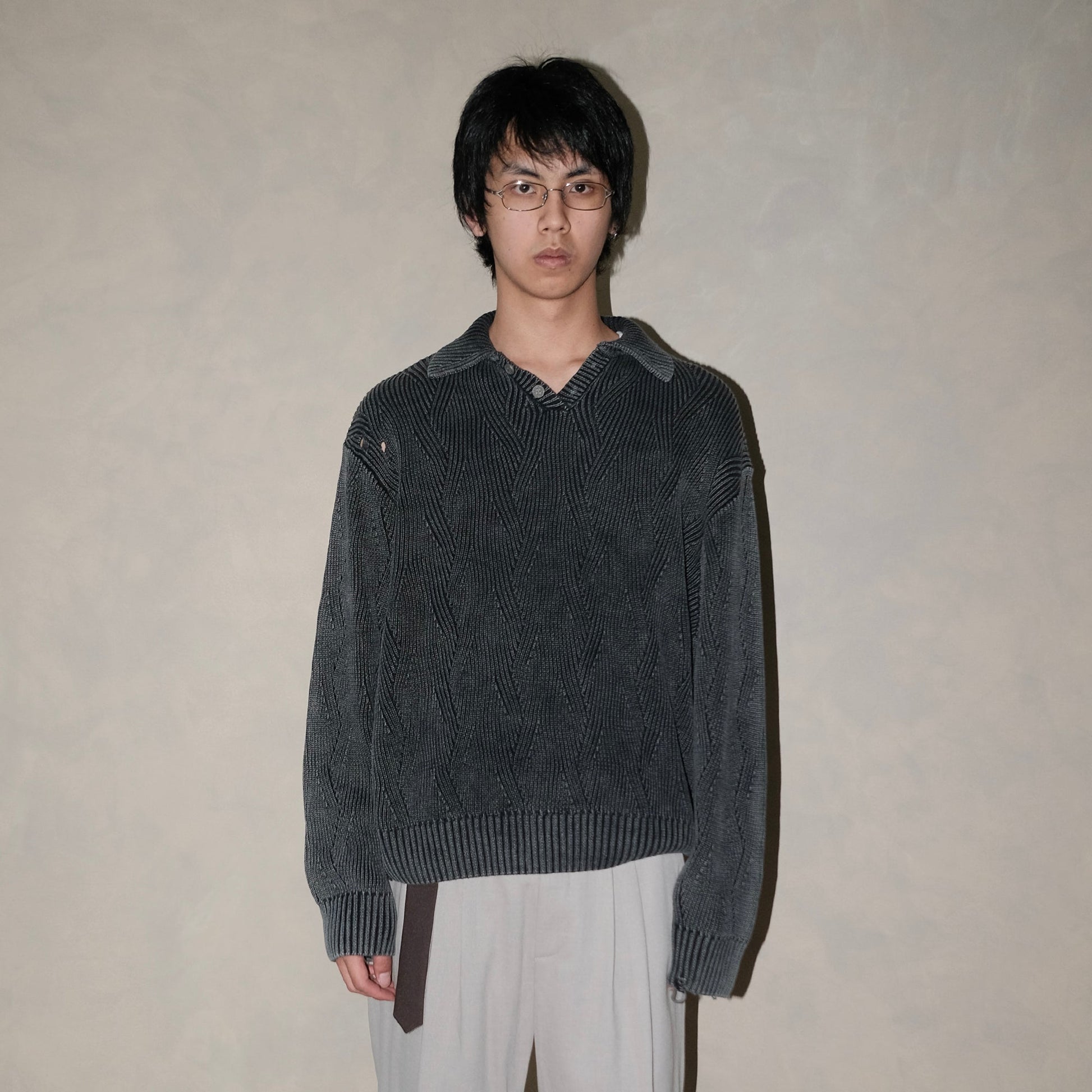 IN EXISTENCE Distressed Chevron Collared Sweater-Sweater-S-Dark Gray-Free Shipping Leatheretro