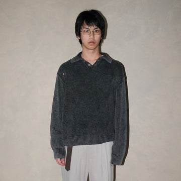 IN EXISTENCE Distressed Chevron Collared Sweater-Sweater-S-Dark Gray-Free Shipping Leatheretro