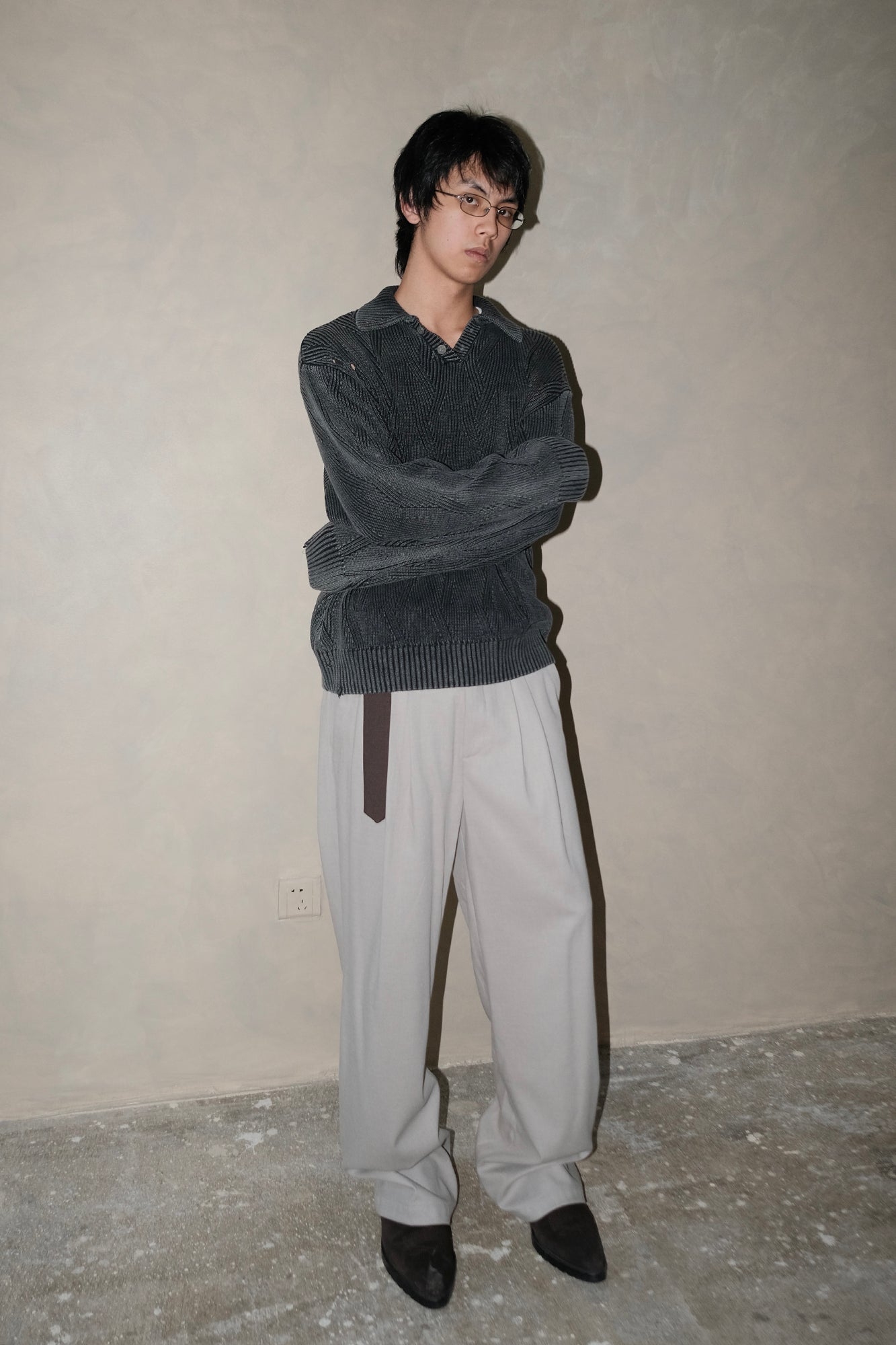 IN EXISTENCE Distressed Chevron Collared Sweater-Sweater-S-Dark Gray-Free Shipping Leatheretro