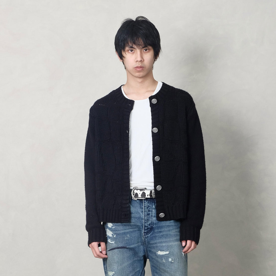 IN EXISTENCE Wool-Blend Snake Scale Jacquard Cardigan-Jacket-XS-Dark Gray-Free Shipping Leatheretro