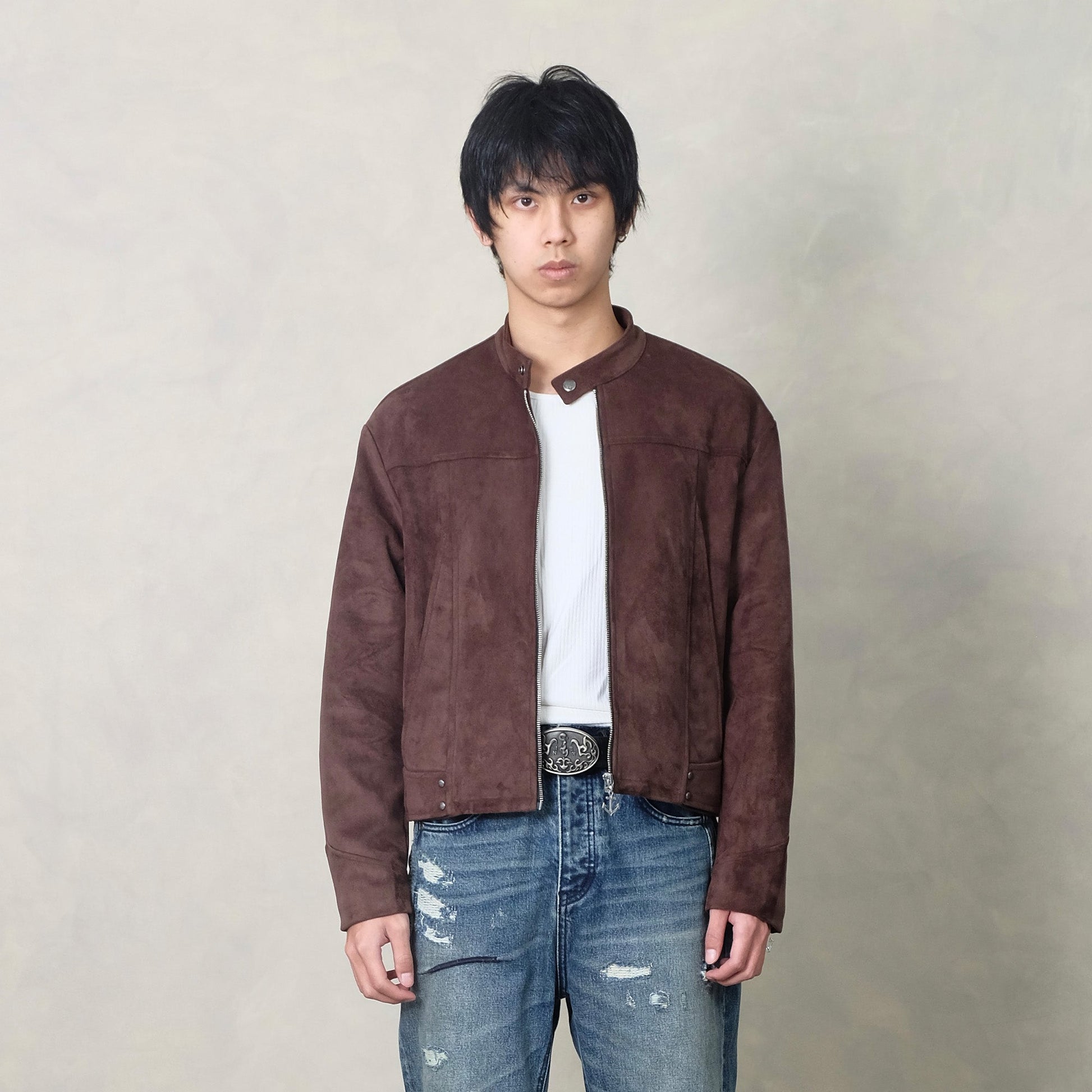 IN EXISTENCE Paneled Faux Suede Rivet Biker Jacket-Jacket-S-Coffee-Free Shipping Leatheretro