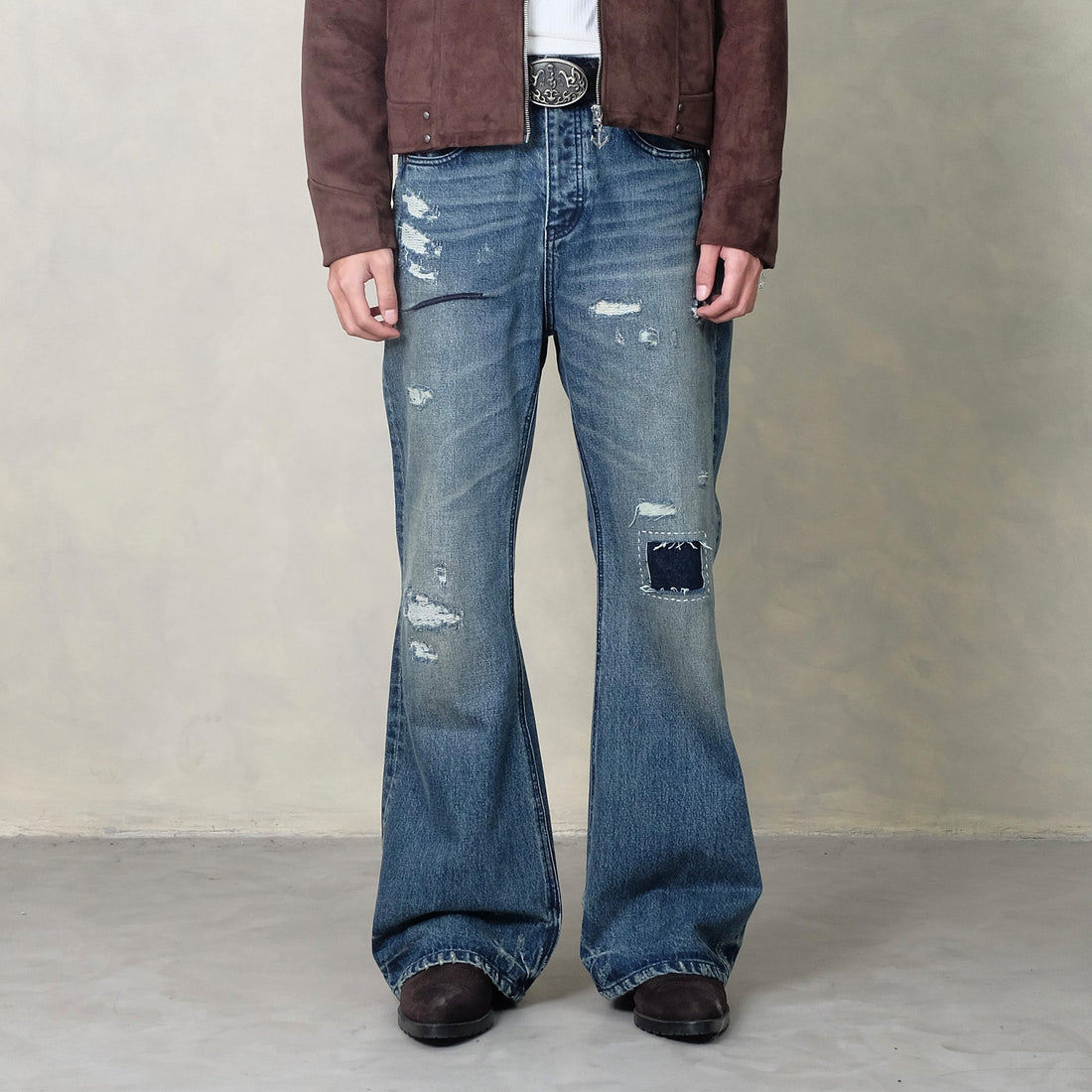 IN EXISTENCE Distressed Stitched Patch Flared Jeans-Jeans-S-Free Shipping Leatheretro