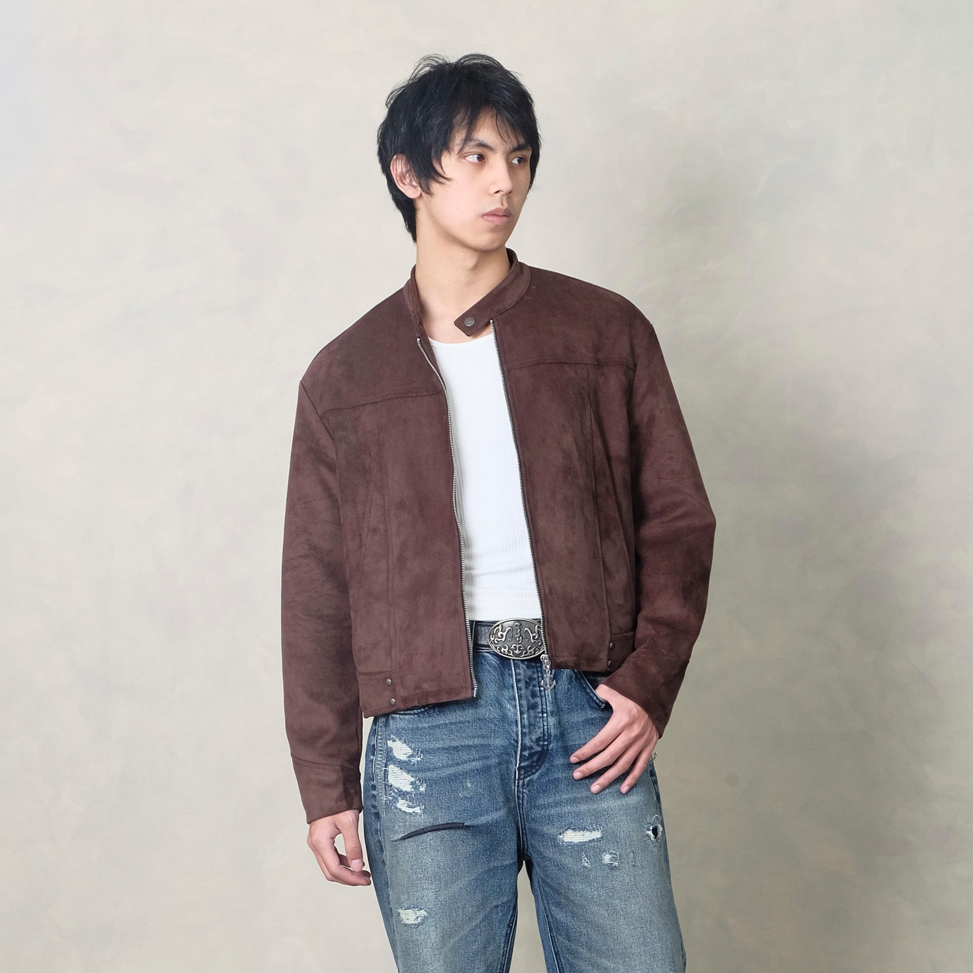 IN EXISTENCE Paneled Faux Suede Rivet Biker Jacket-Jacket-S-Coffee-Free Shipping Leatheretro