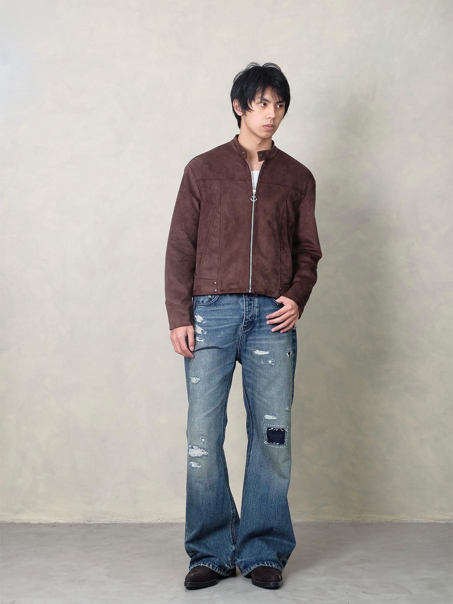 IN EXISTENCE Paneled Faux Suede Rivet Biker Jacket-Jacket-S-Coffee-Free Shipping Leatheretro