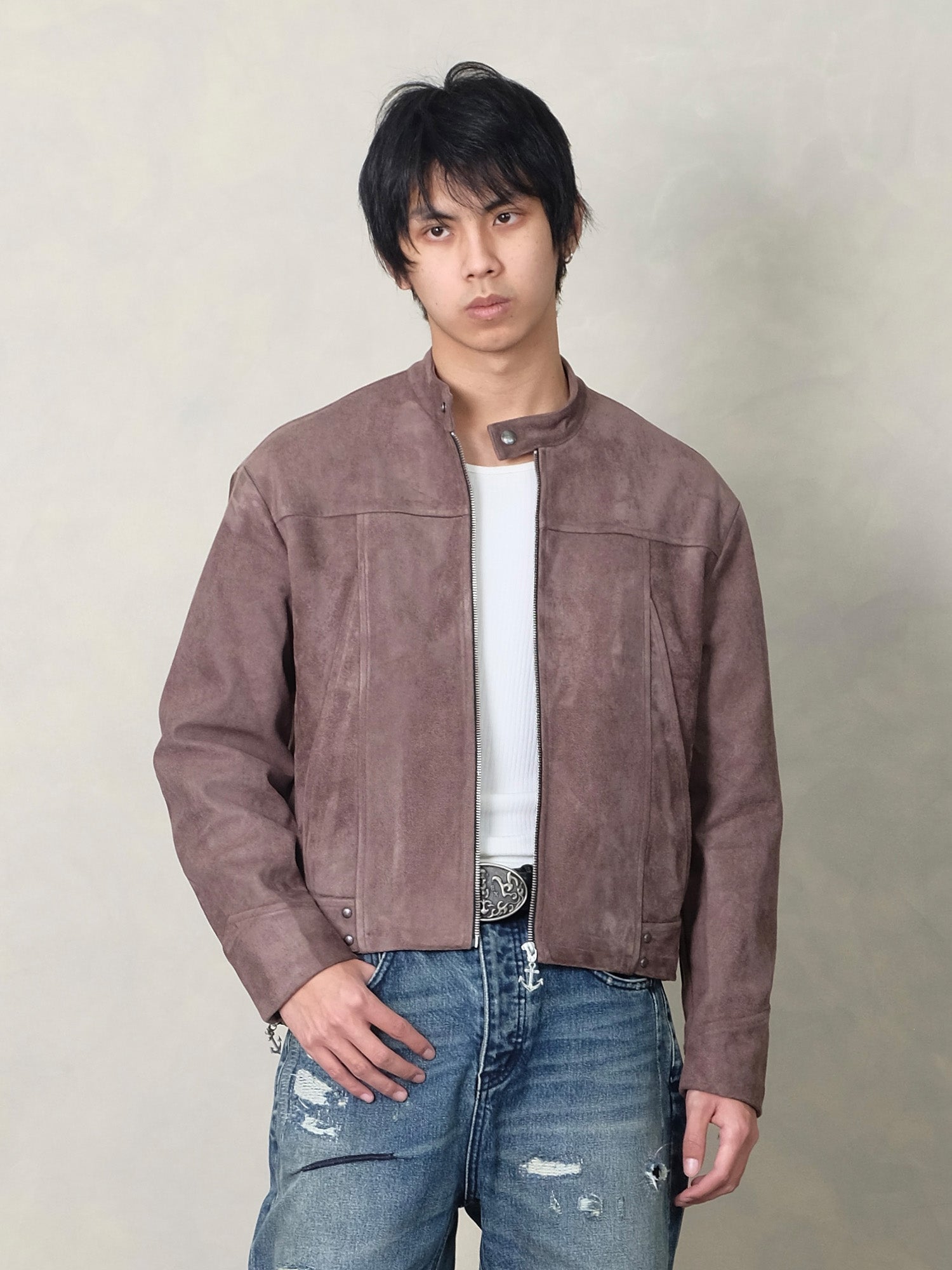 IN EXISTENCE Paneled Faux Suede Rivet Biker Jacket-Jacket-S-Coffee-Free Shipping Leatheretro