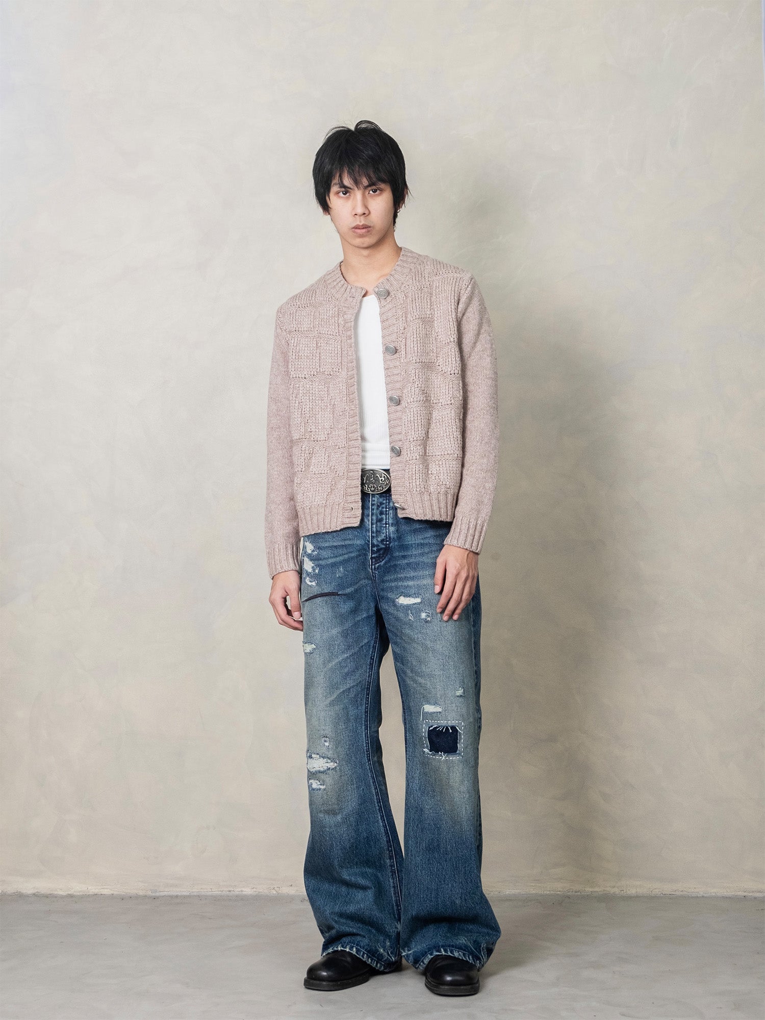 IN EXISTENCE Distressed Stitched Patch Flared Jeans-Jeans-S-Free Shipping Leatheretro