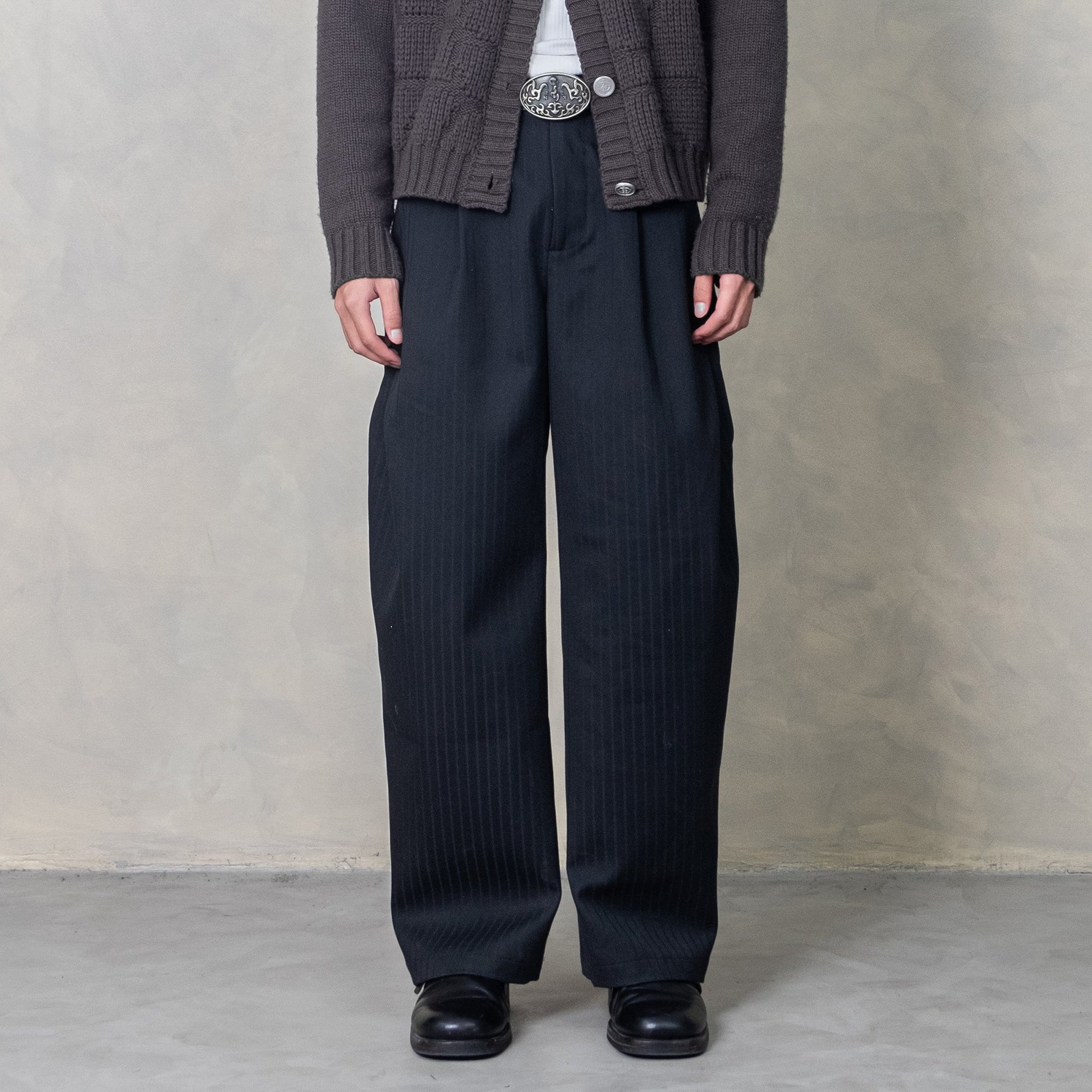 IN EXISTENCE Stripe Pleated Embroidery Curved Pants-Pants-S-Black-Free Shipping Leatheretro