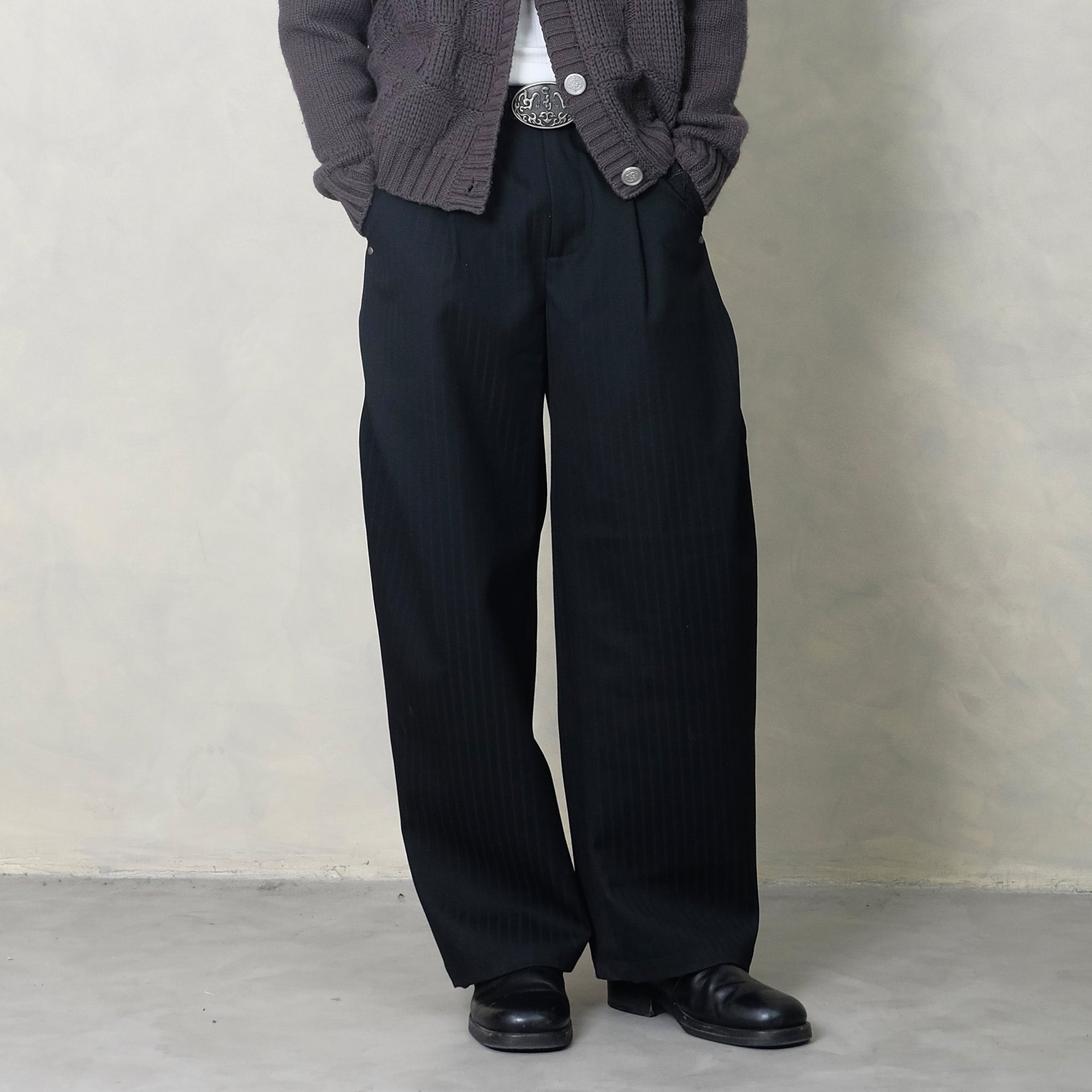IN EXISTENCE Stripe Pleated Embroidery Curved Pants-Pants-S-Black-Free Shipping Leatheretro