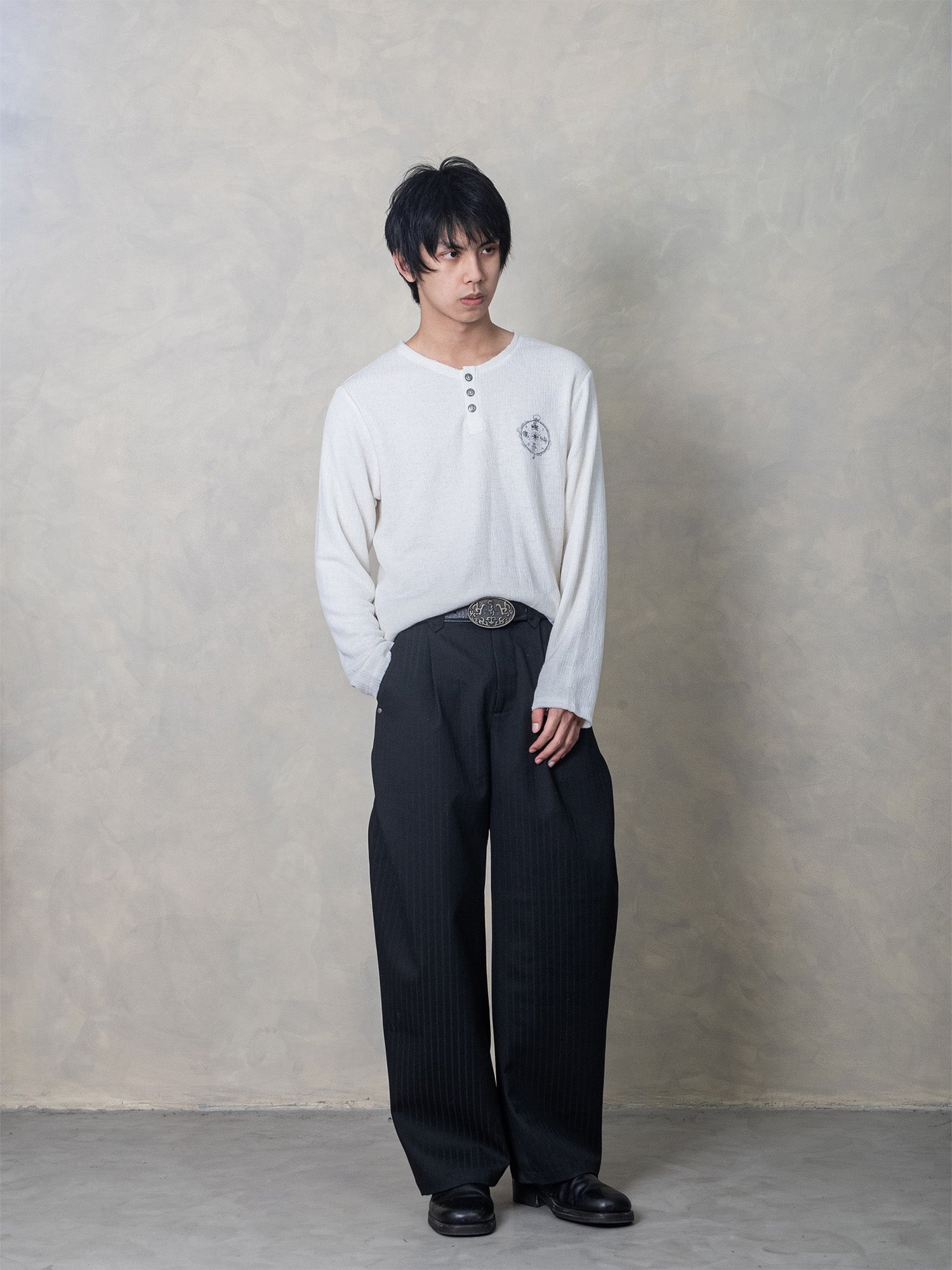 IN EXISTENCE Raw Hem Henley Long-Sleeve Tee-L/S Tee-S-Beige-Free Shipping Leatheretro