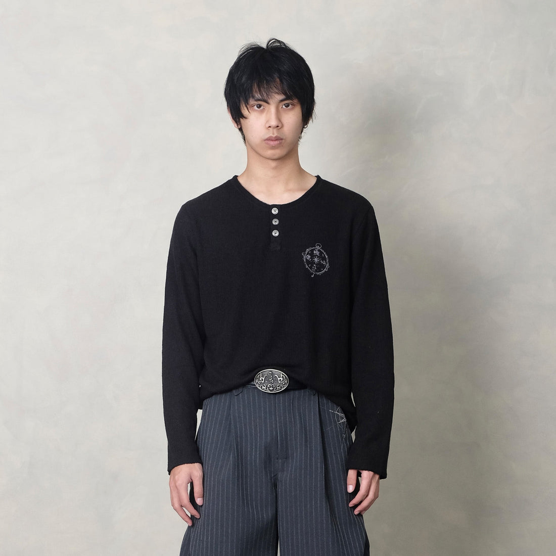 IN EXISTENCE Raw Hem Henley Long-Sleeve Tee-L/S Tee-S-Beige-Free Shipping Leatheretro