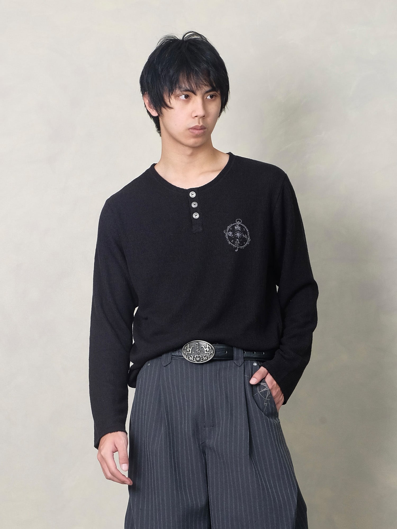 IN EXISTENCE Raw Hem Henley Long-Sleeve Tee-L/S Tee-S-Beige-Free Shipping Leatheretro